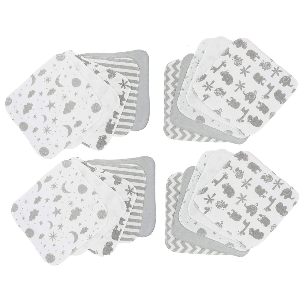 Spasilk washcloth set 20-pack display shows varied prints for gentle newborn care.