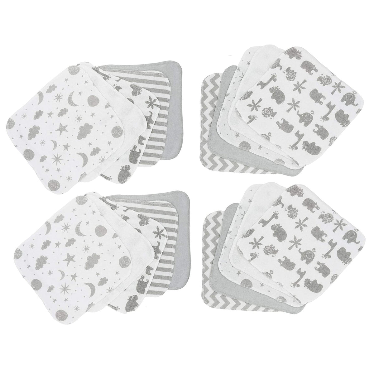 Spasilk washcloth set 20-pack display shows varied prints for gentle newborn care.