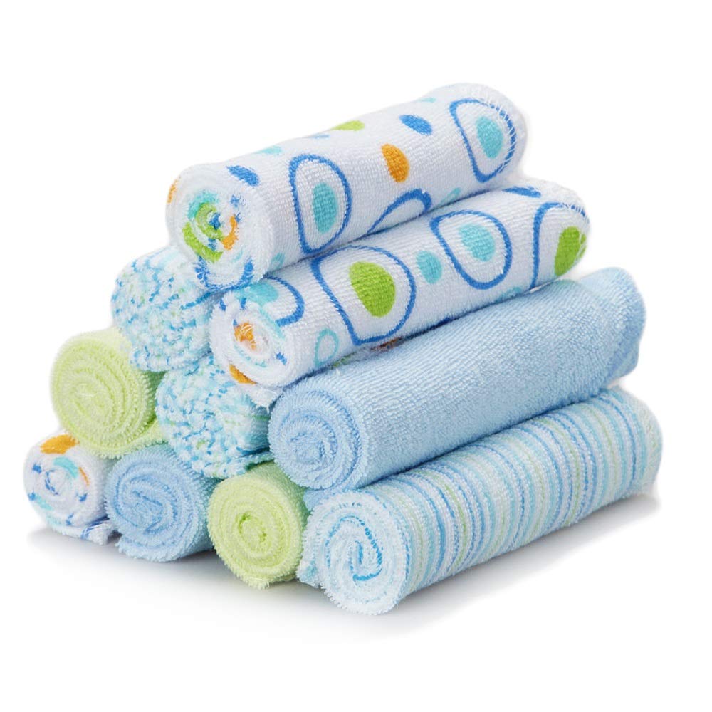 Spasilk washcloth set in blue circles featuring soft terry fabric for gentle newborn bath time.