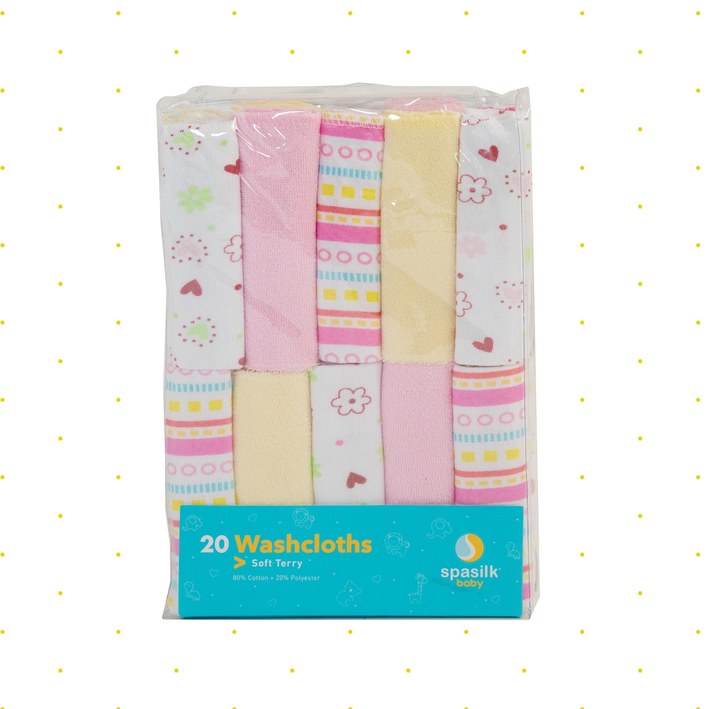 Spasilk washcloth wipes 20-pack display shot emphasizes convenient, ready-to-use baby bath time essential.