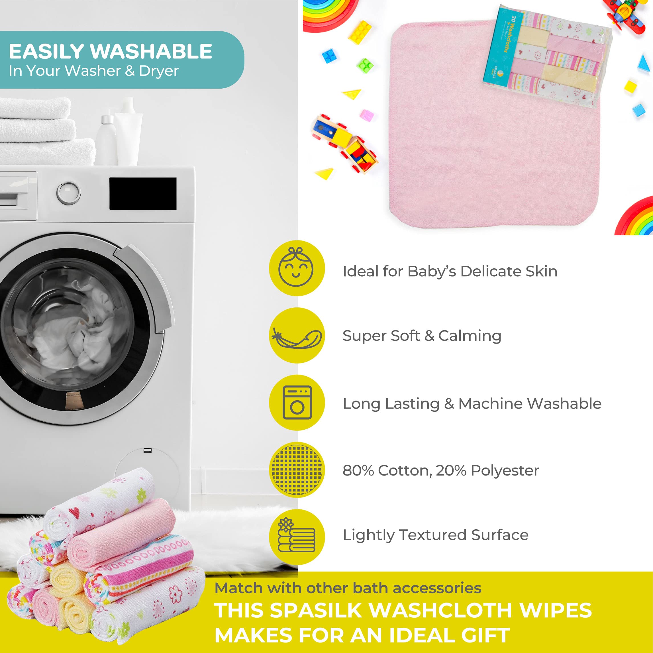 Spasilk washcloth wipes machine-washable 20-pack supports easy cleanup after baths.