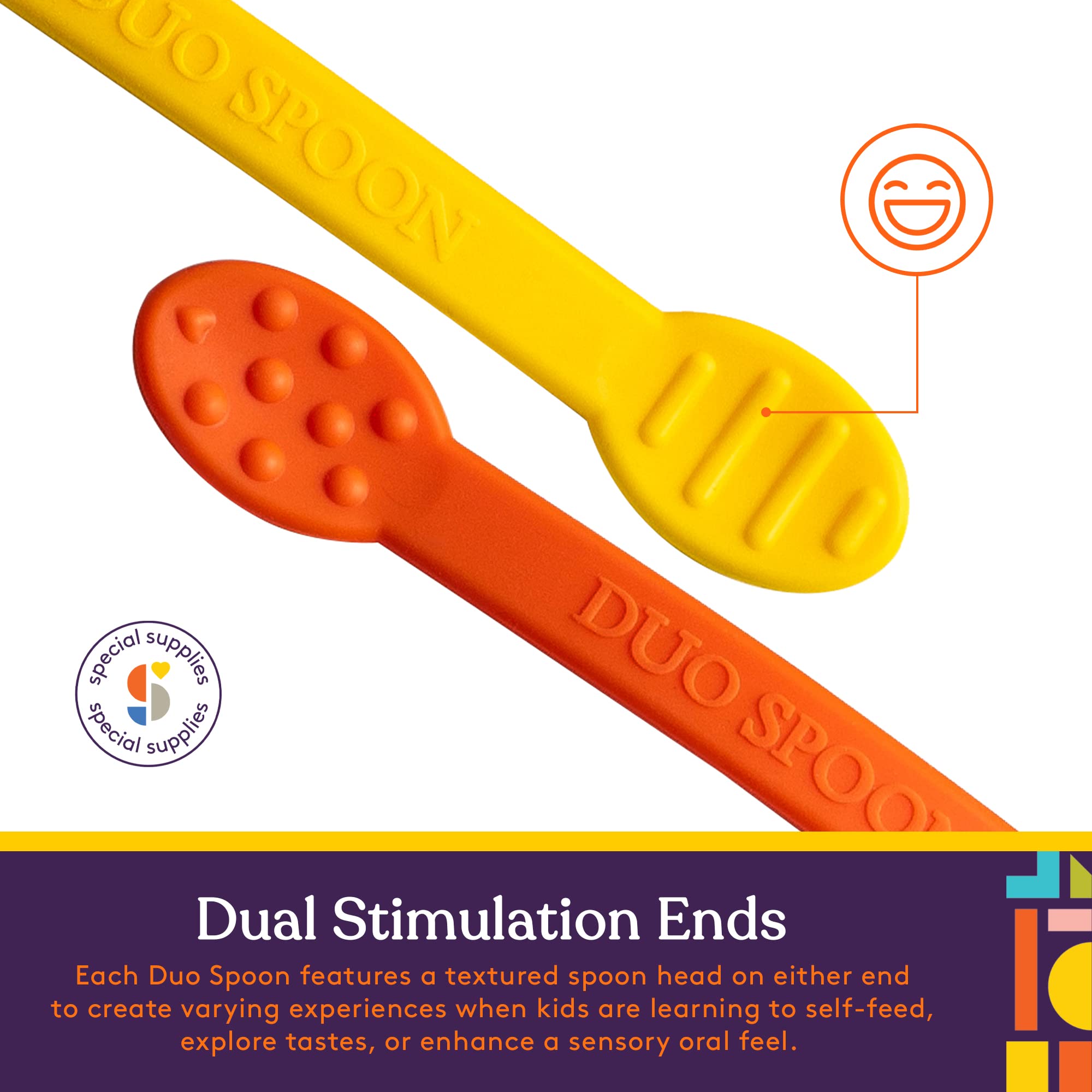 Special Supplies Duo Spoon BPA-free silicone ensures safe, easy grip for small hands.