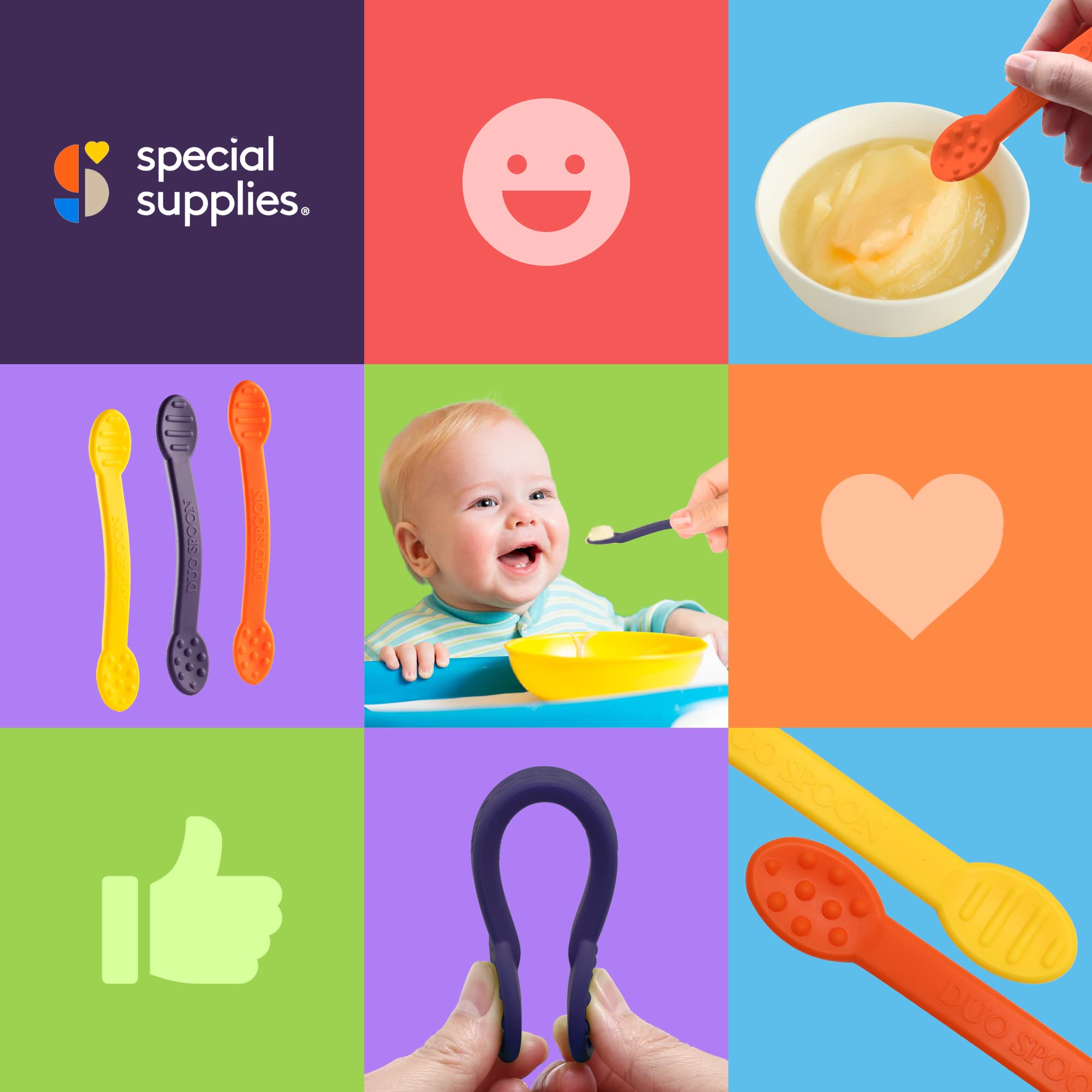 Special Supplies Duo Spoon textured-ends help explore food textures during snacks.