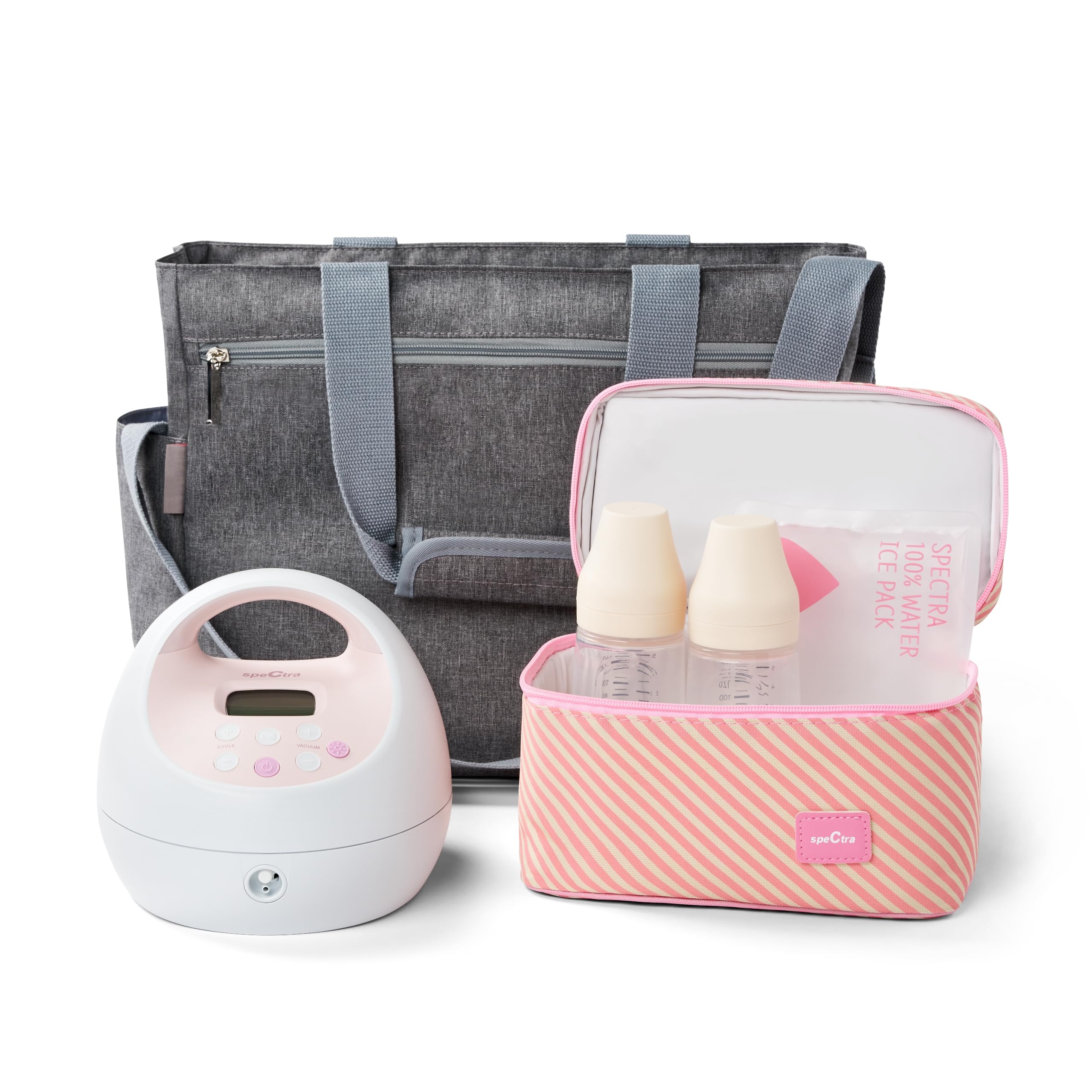 Spectra S2 Plus pump shown in tote bag for on-the-go breastfeeding.