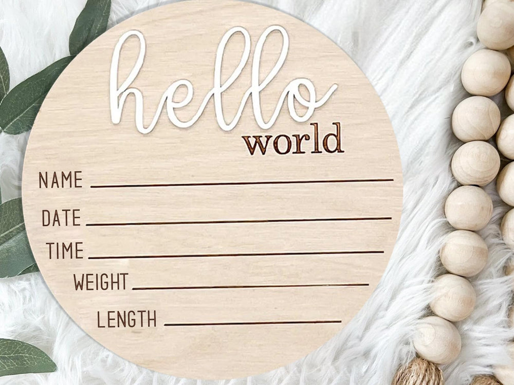 Spelable Hello World acrylic birth announcement for hospital photos and baby portraits