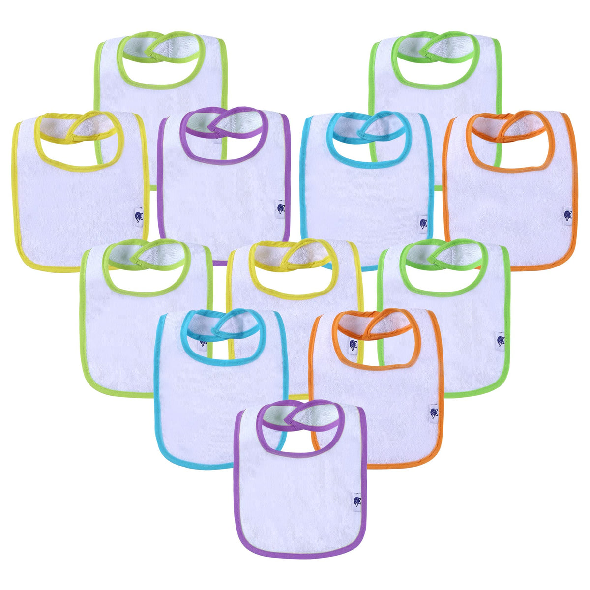 SPINFOX 12-pack baby bibs with waterproof layer for easy mess containment during feeds.