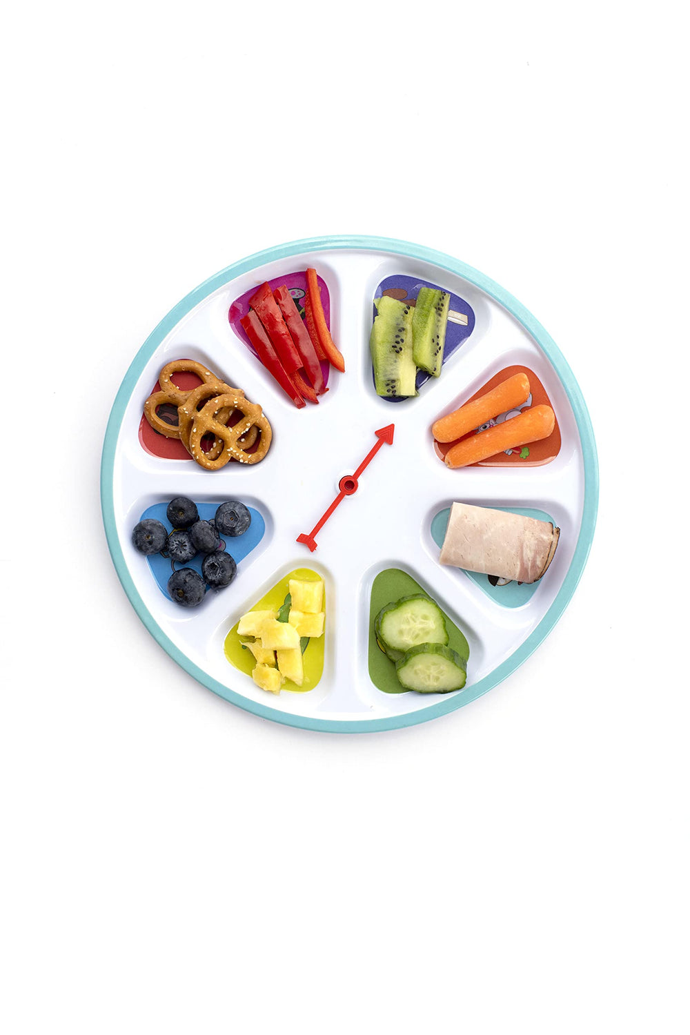 SpinMeal interactive-arrow rotation promotes engagement during mealtimes and helps kids explore textures.
