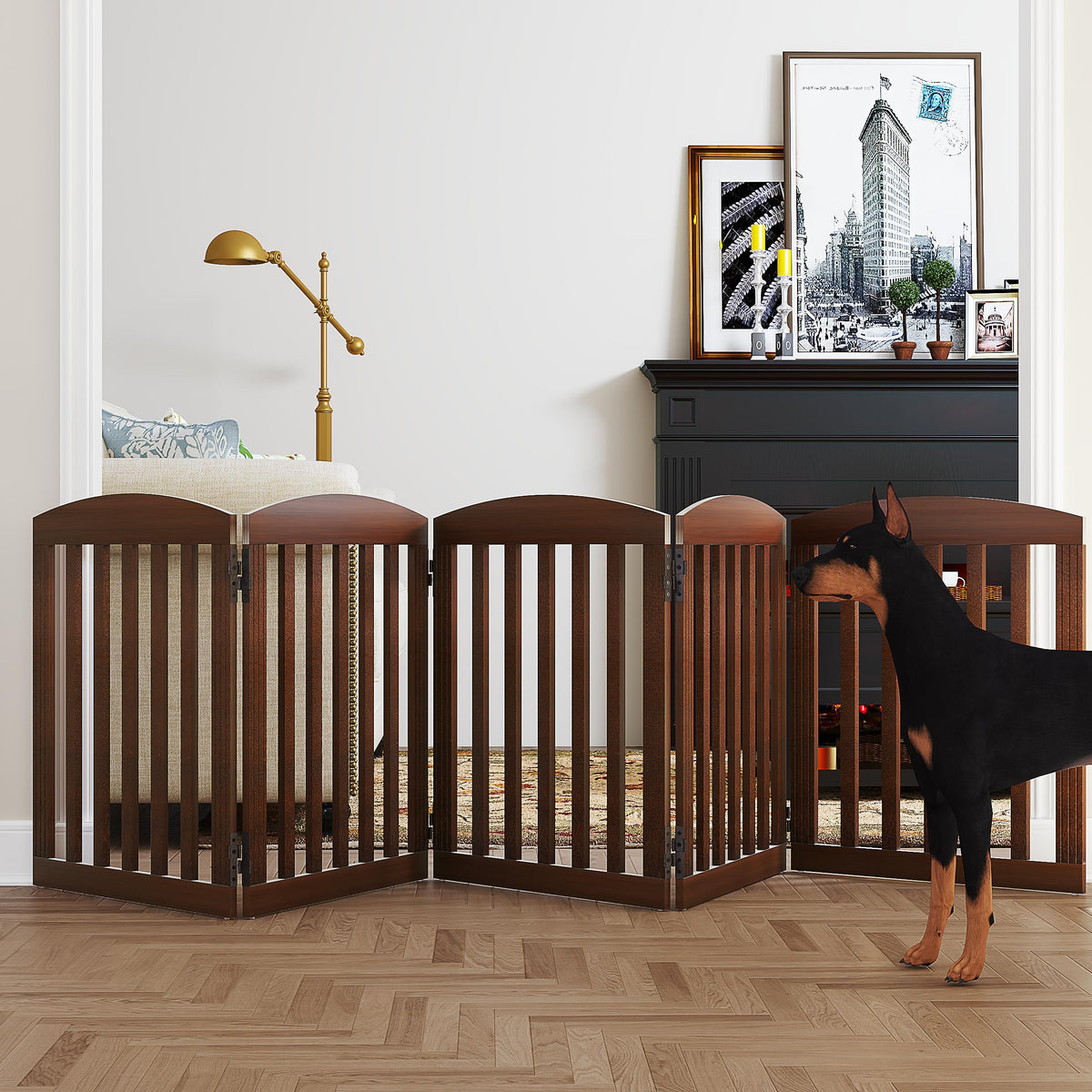 Spirich dog gate 120-inch wide assembled in natural wood for doorway safety.