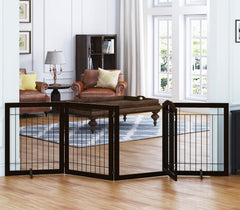 Spirich espresso 96-inch wide dog gate shows wide containment for large spaces