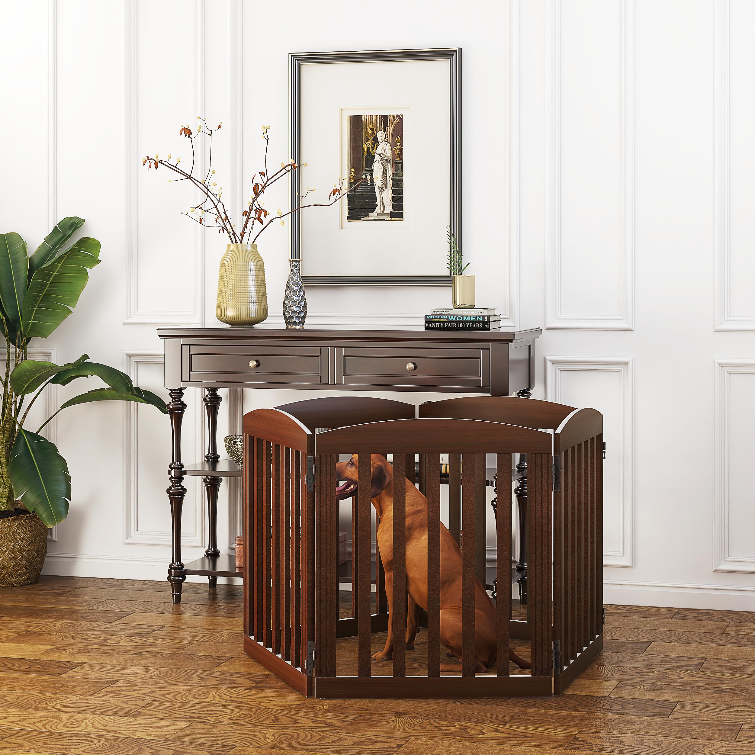 Spirich dog gate free-standing in use as temporary pet pen.