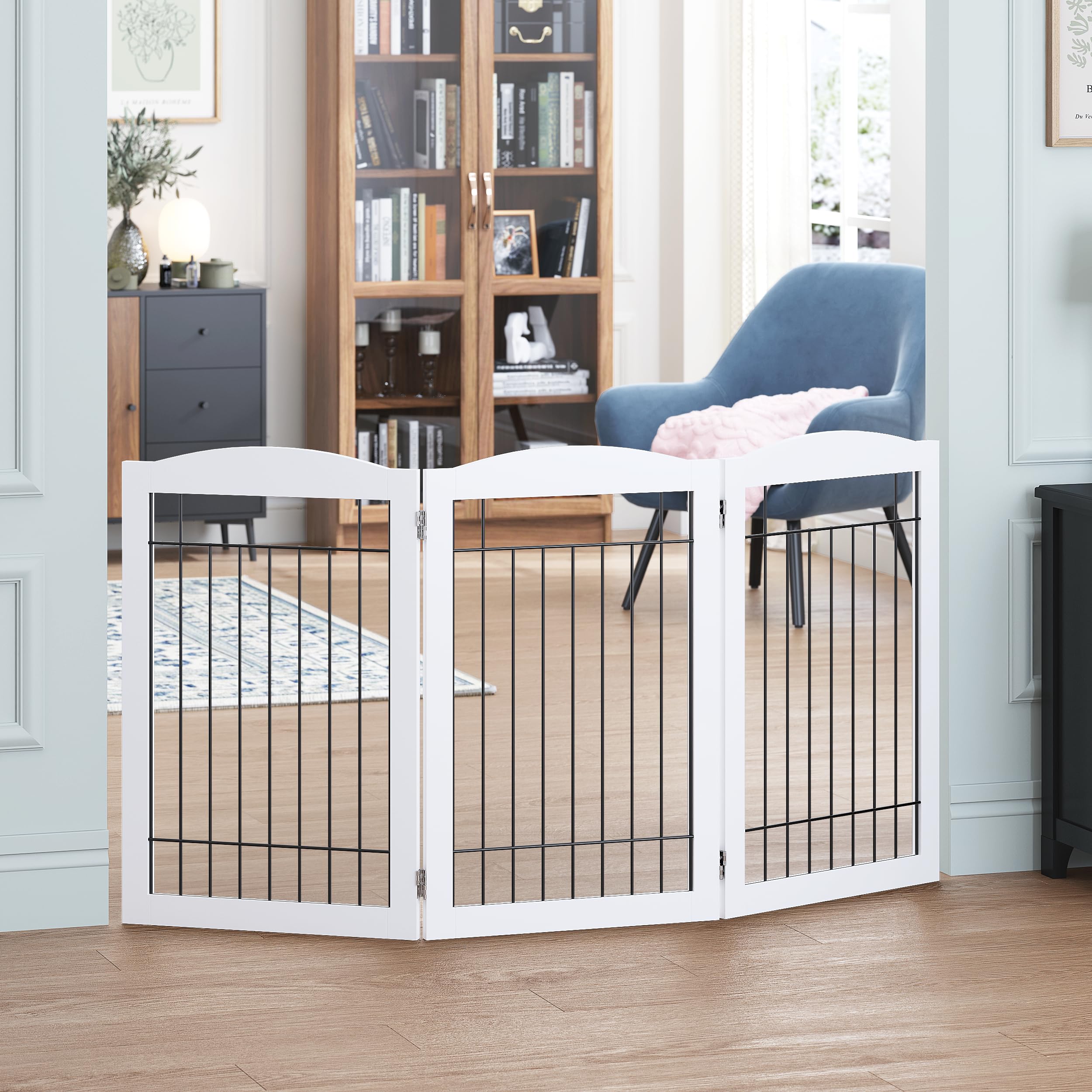 Spirich freestanding wire pet gate in white, 60-inch wide, three-panel layout for doorways.