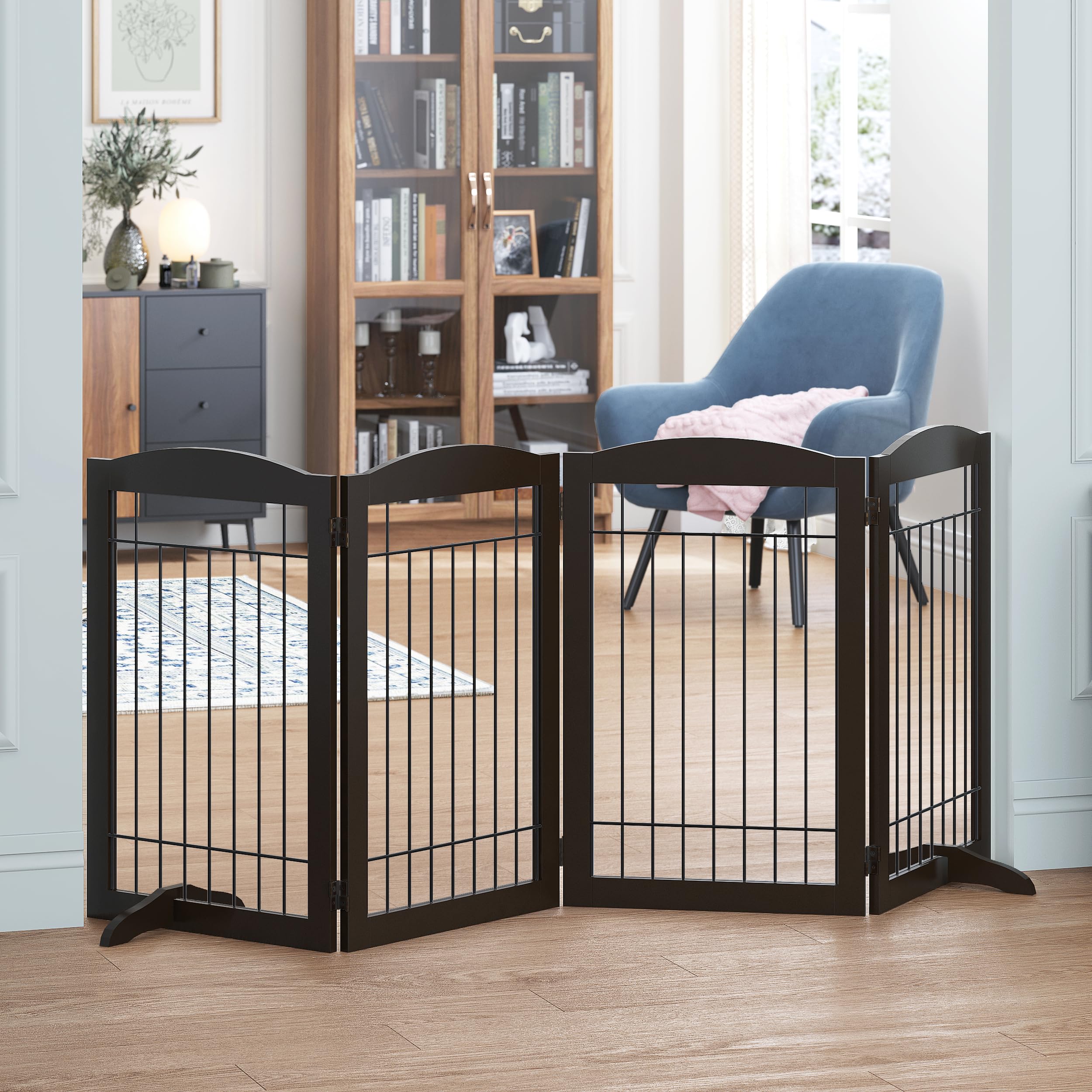 Spirich freestanding gate in espresso four-panel setup for hallway containment.