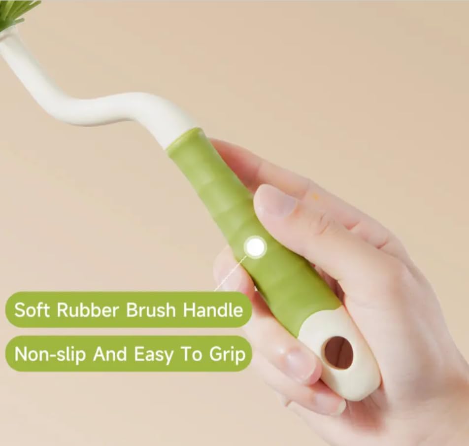 Close-up of splash-free design on green bottle brush set