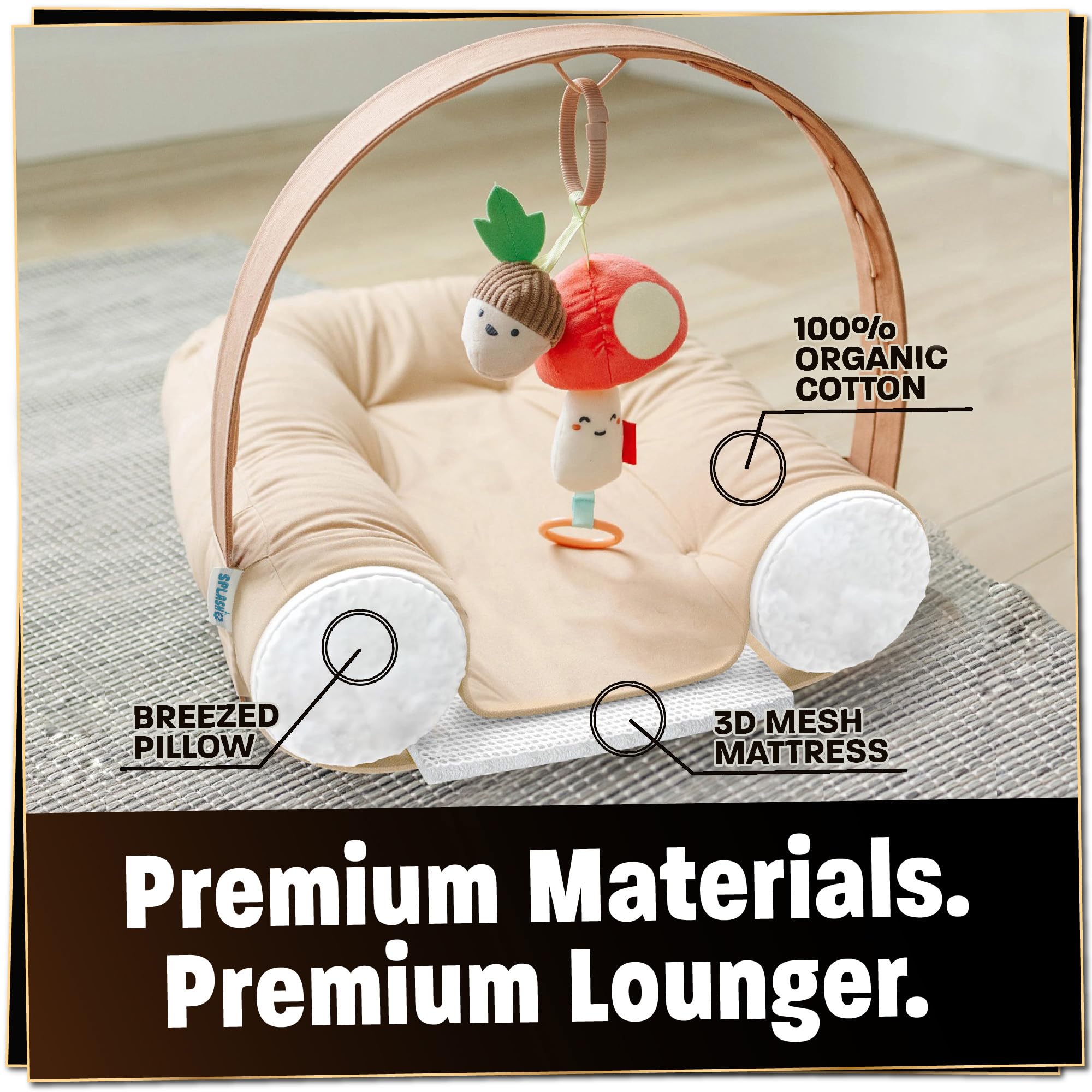 SplashEZ Baby Lounger Camel Awake-Time Use emphasizes supervised, engaging lounging moments