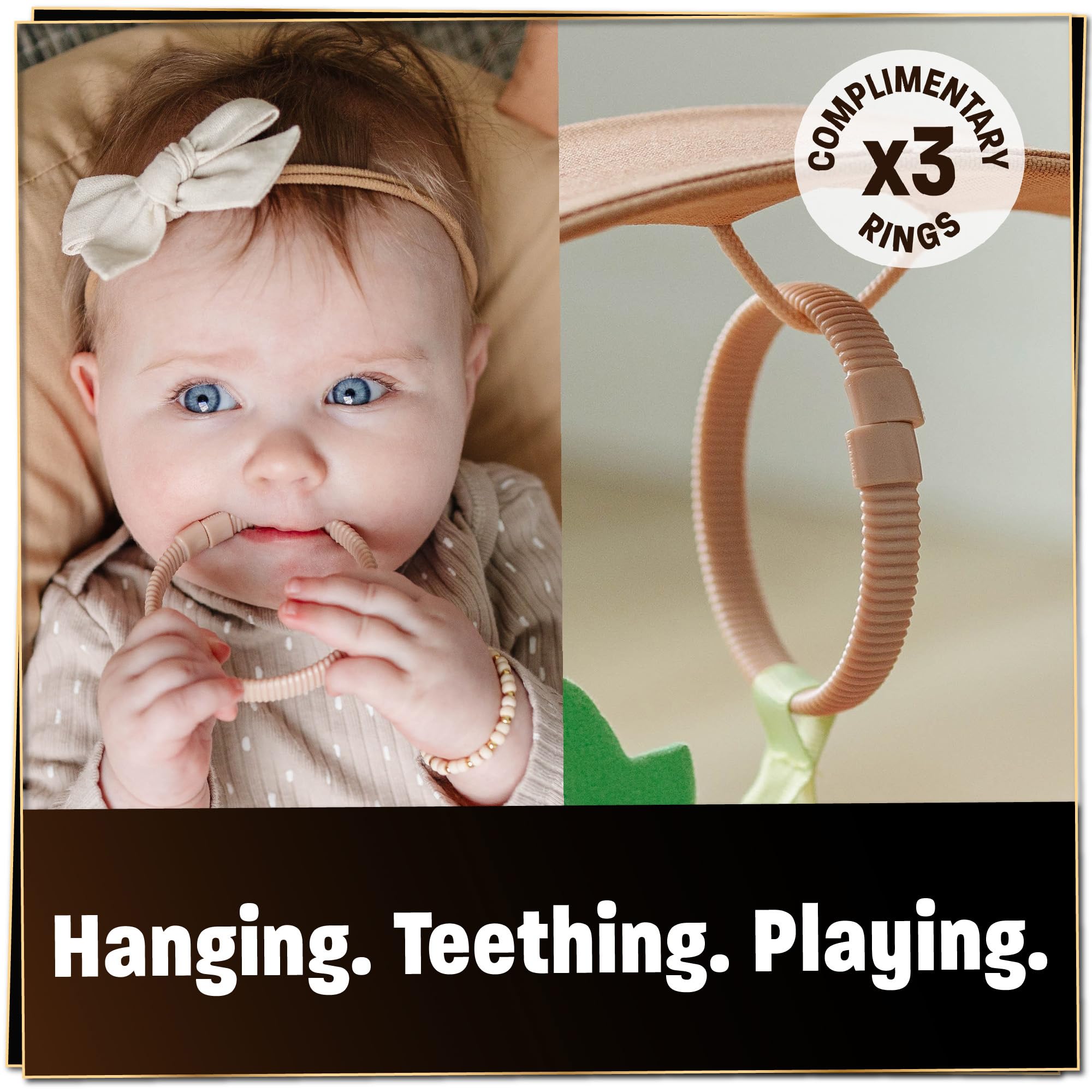 SplashEZ Baby Lounger Camel Toy Rings illustrate easy toy attachment to stimulate senses