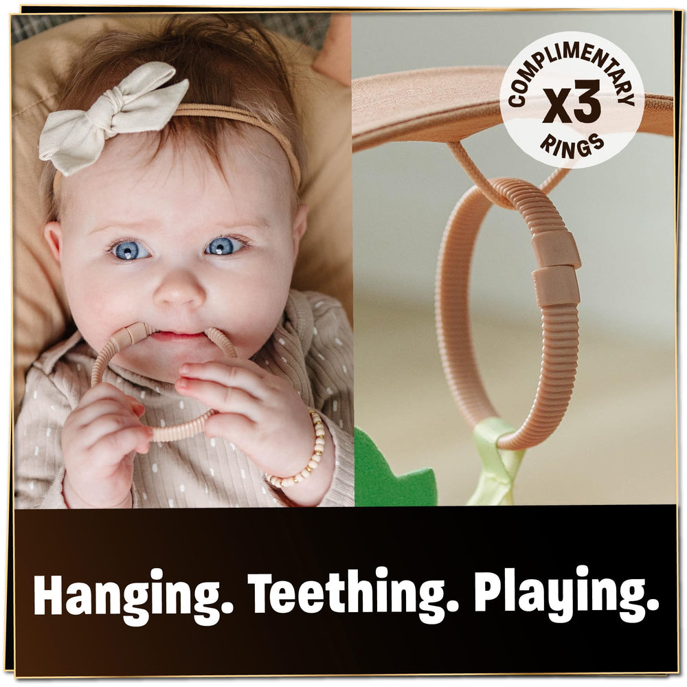 SplashEZ Baby Lounger Camel Toy Rings illustrate easy toy attachment to stimulate senses