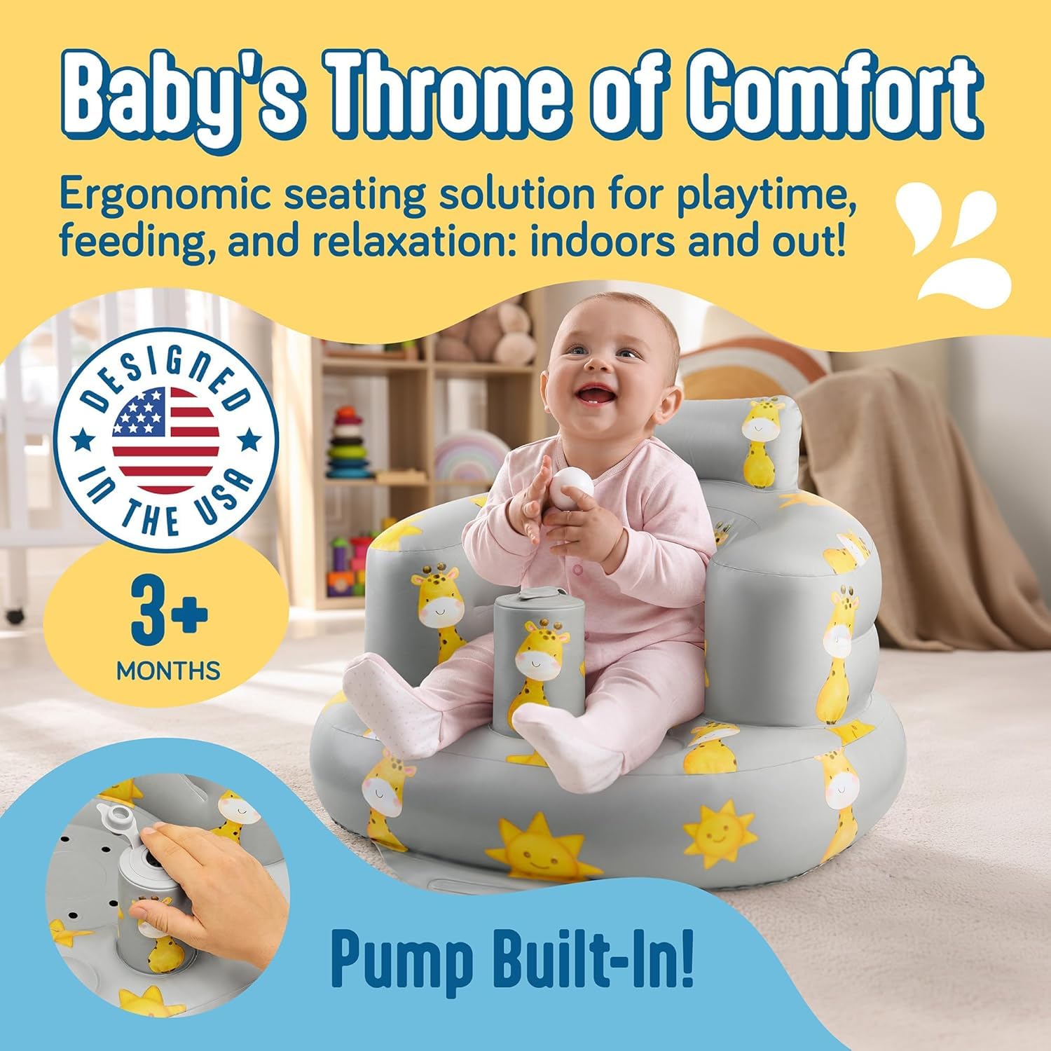 SplashEZ baby seat in playtime setting provides comfortable indoor and outdoor fun.