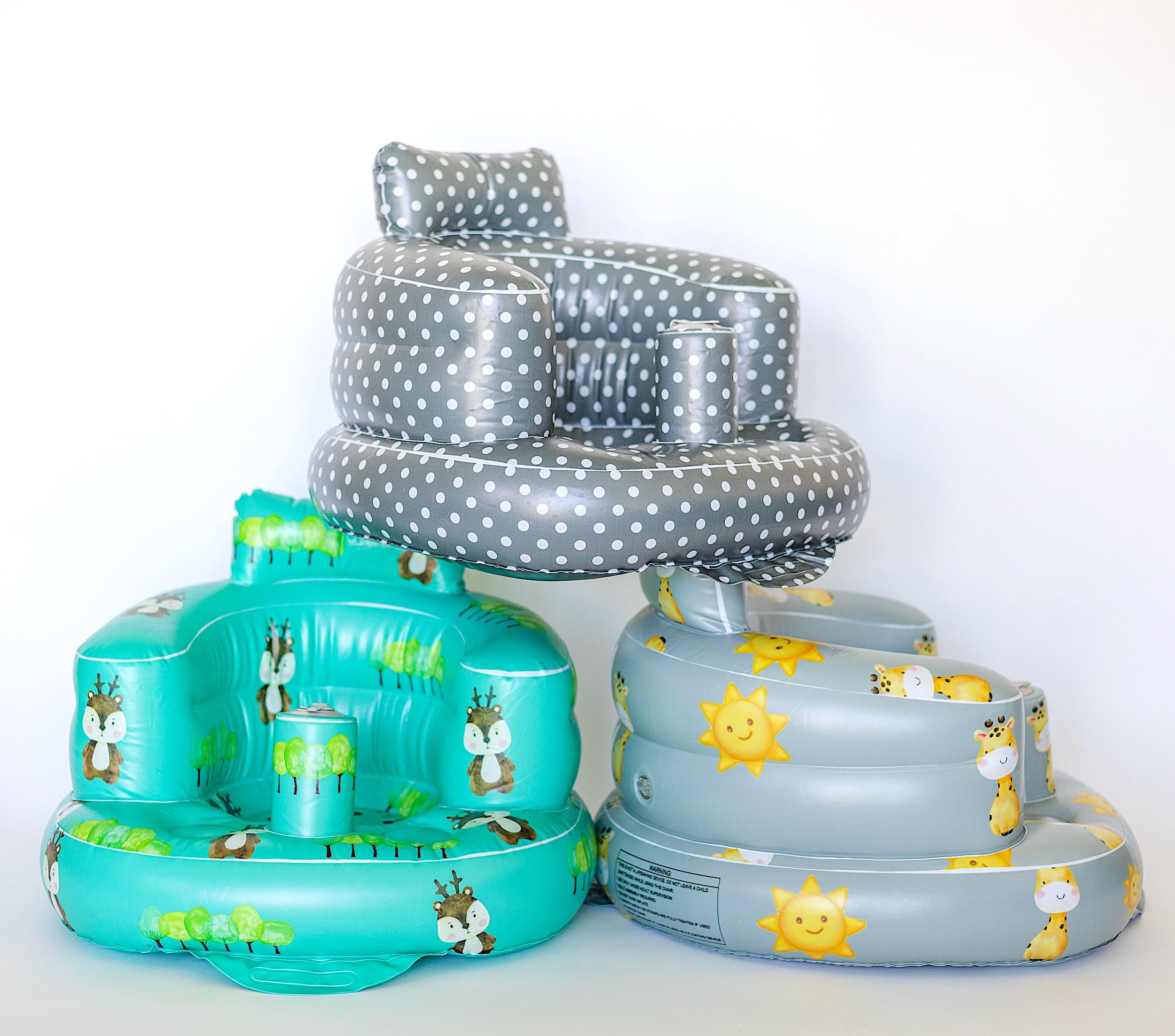 SplashEZ inflatable baby seat polka dots grey child sitting demonstrates proper posture