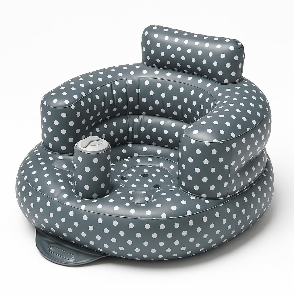 SplashEZ inflatable baby seat polka dots grey front view highlights ergonomic back support