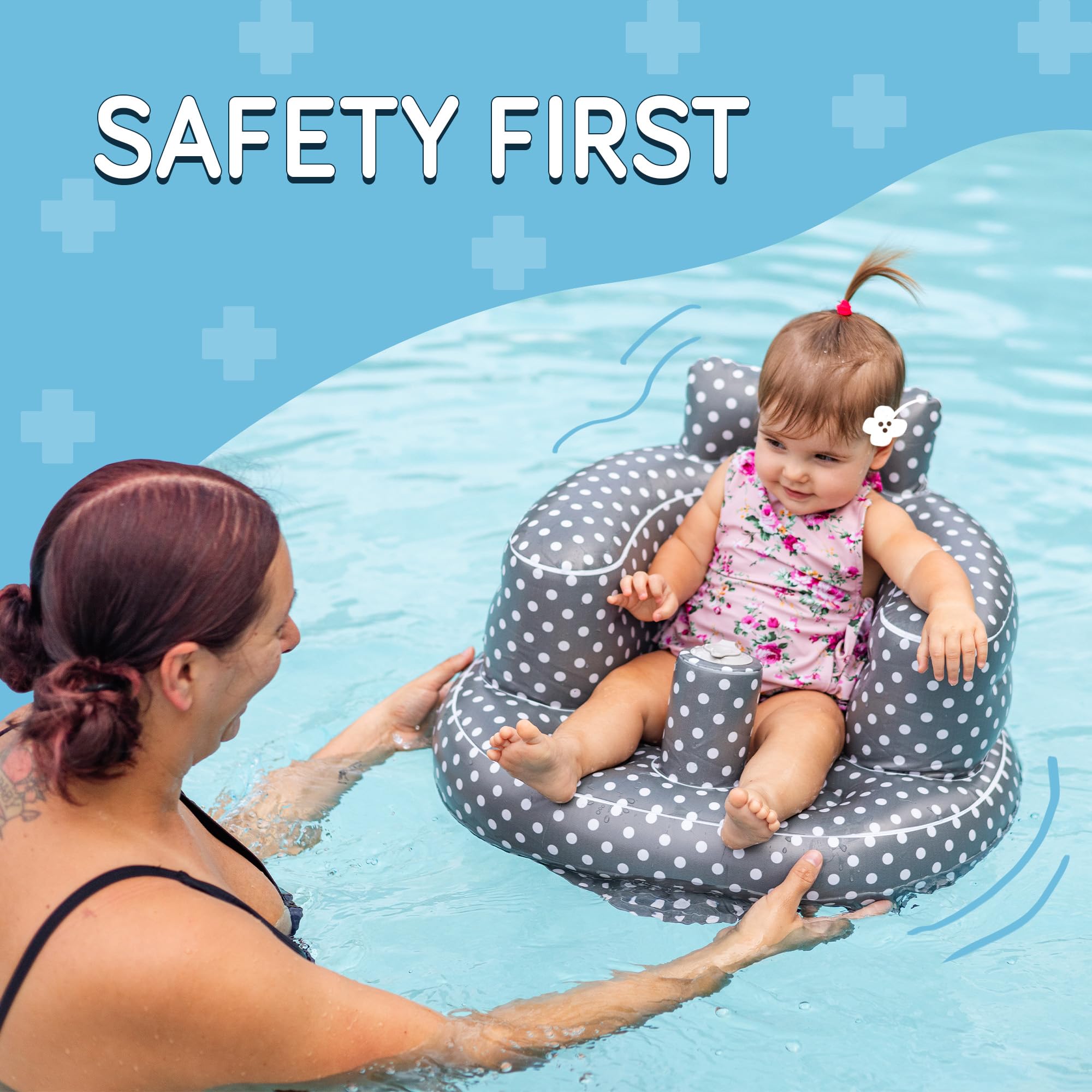 SplashEZ inflatable baby seat polka dots grey packaging shows convenient storage