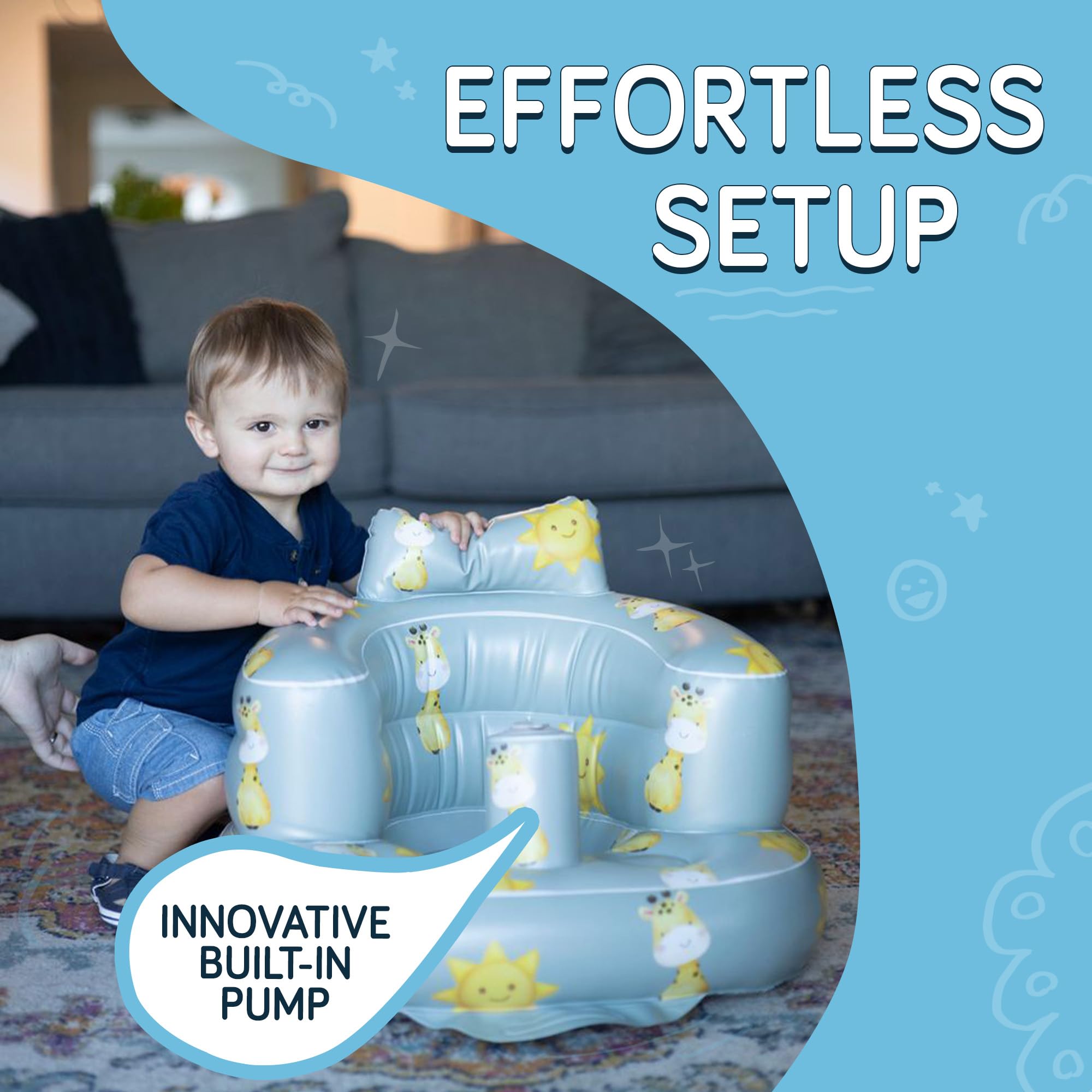SplashEZ inflatable baby seat polka dots grey side profile emphasizes portable design