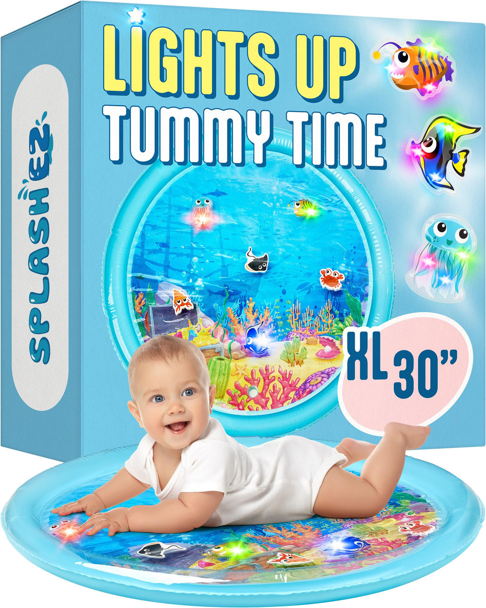 SplashEZ Lights Up Tummy Time Water Mat with fish glow enhances sensory exploration