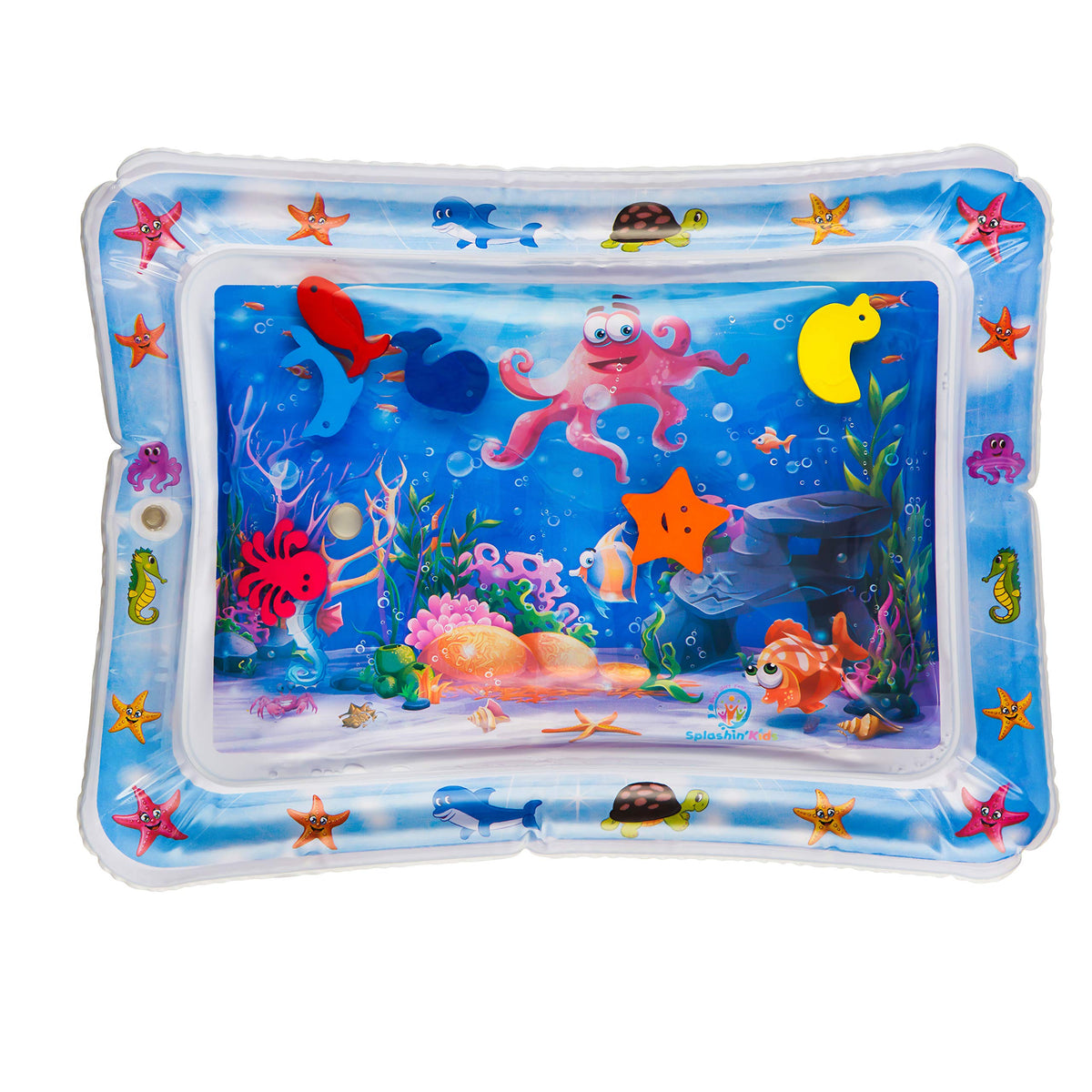 Splashin'kids inflatable tummy time water mat with vivid graphics supports early motor skills.