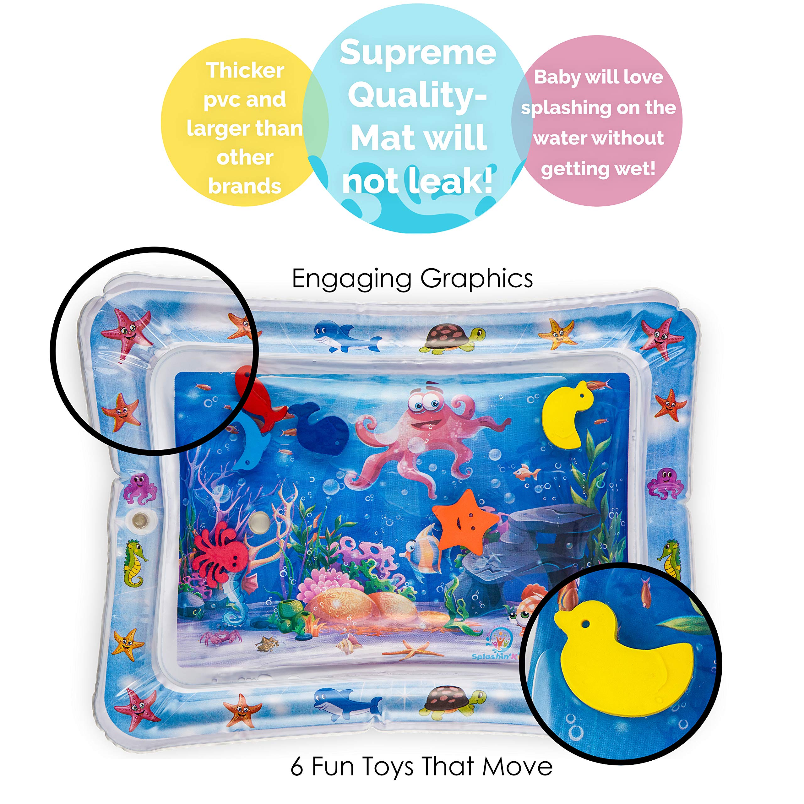 Splashin'kids water splash pad with floating toys encourages reach-and-grab exploration.
