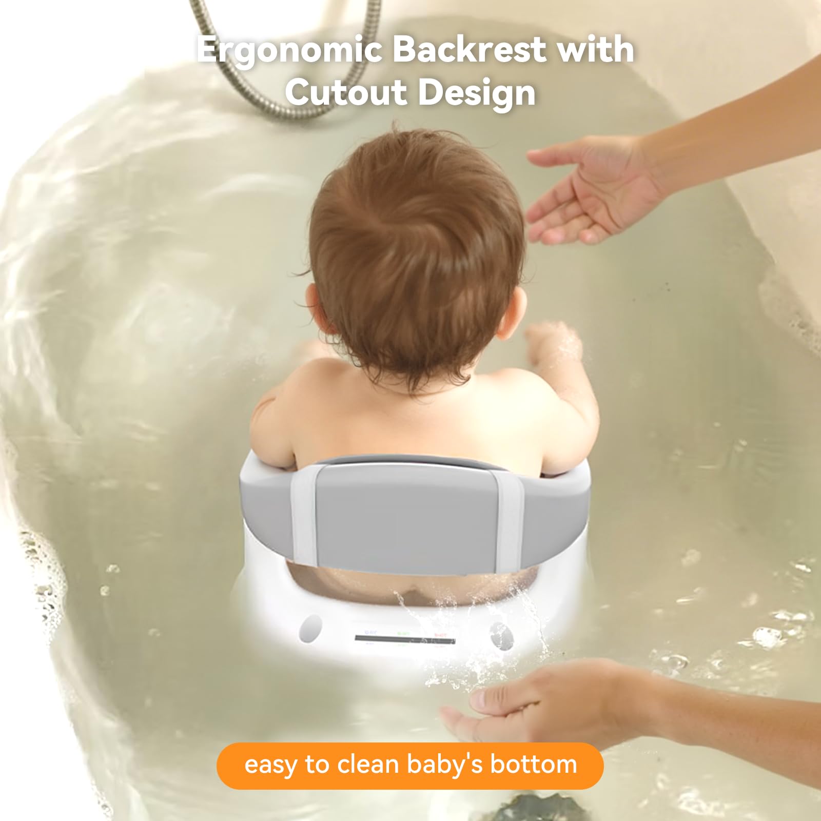 Spluvvly seat's ergonomic backrest supports baby's posture during baths.