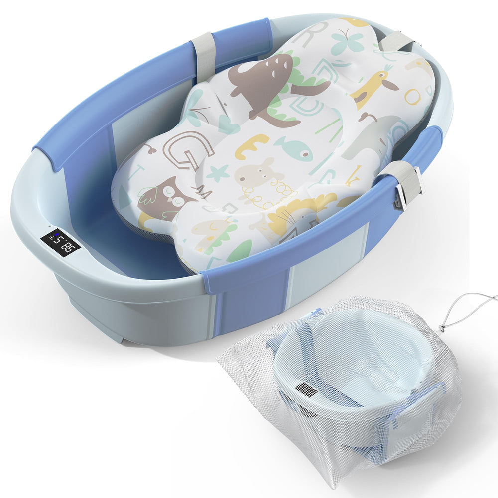 Spluvvly collapsible baby bathtub blue thermometer display for safe water checks during baths.