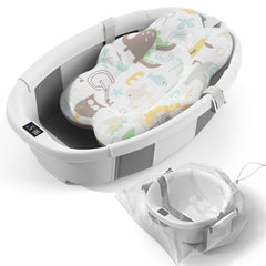 Spluvvly collapsible baby bathtub folded for compact storage and travel.