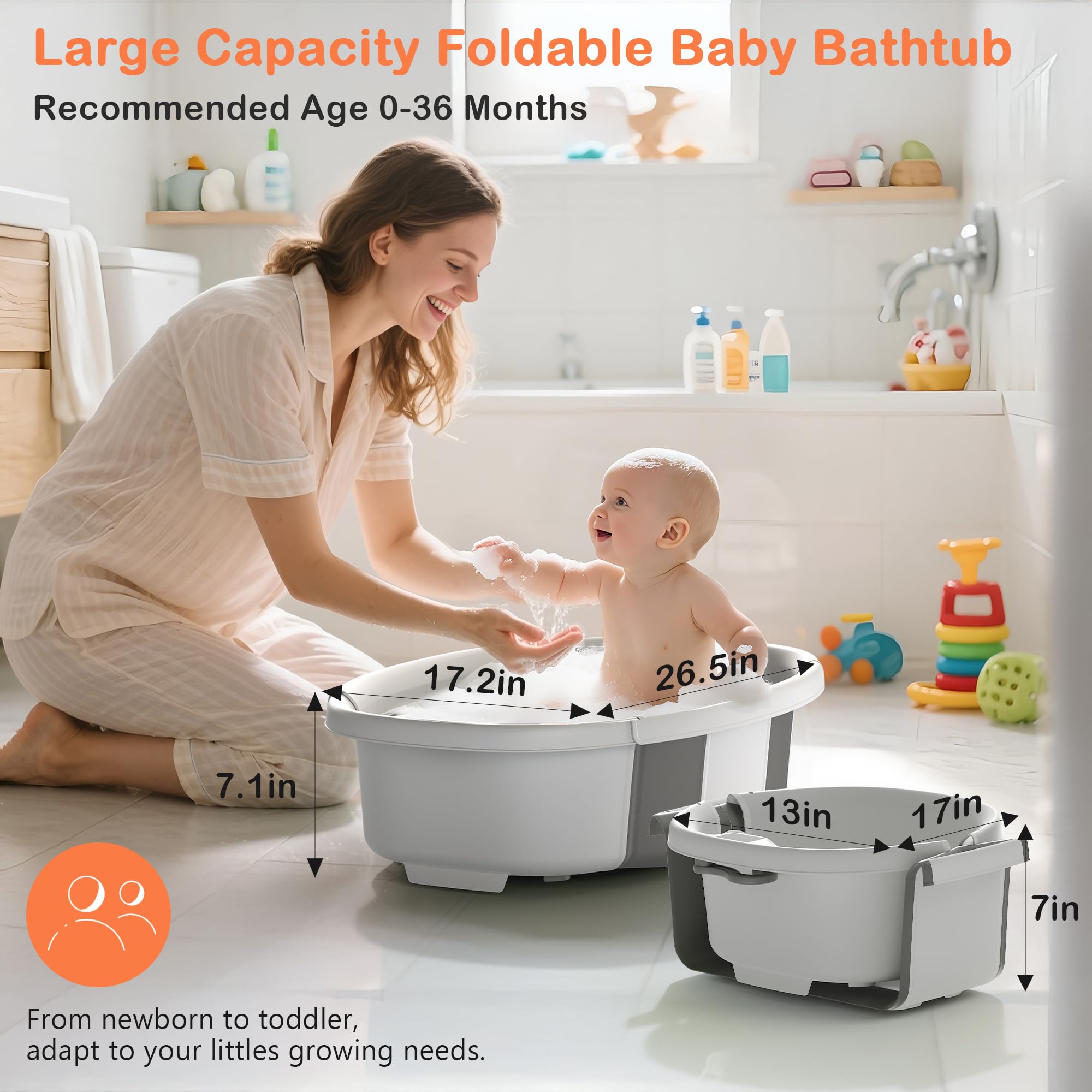 Spluvvly collapsible baby bathtub thermometer display helps monitor bath temperature.