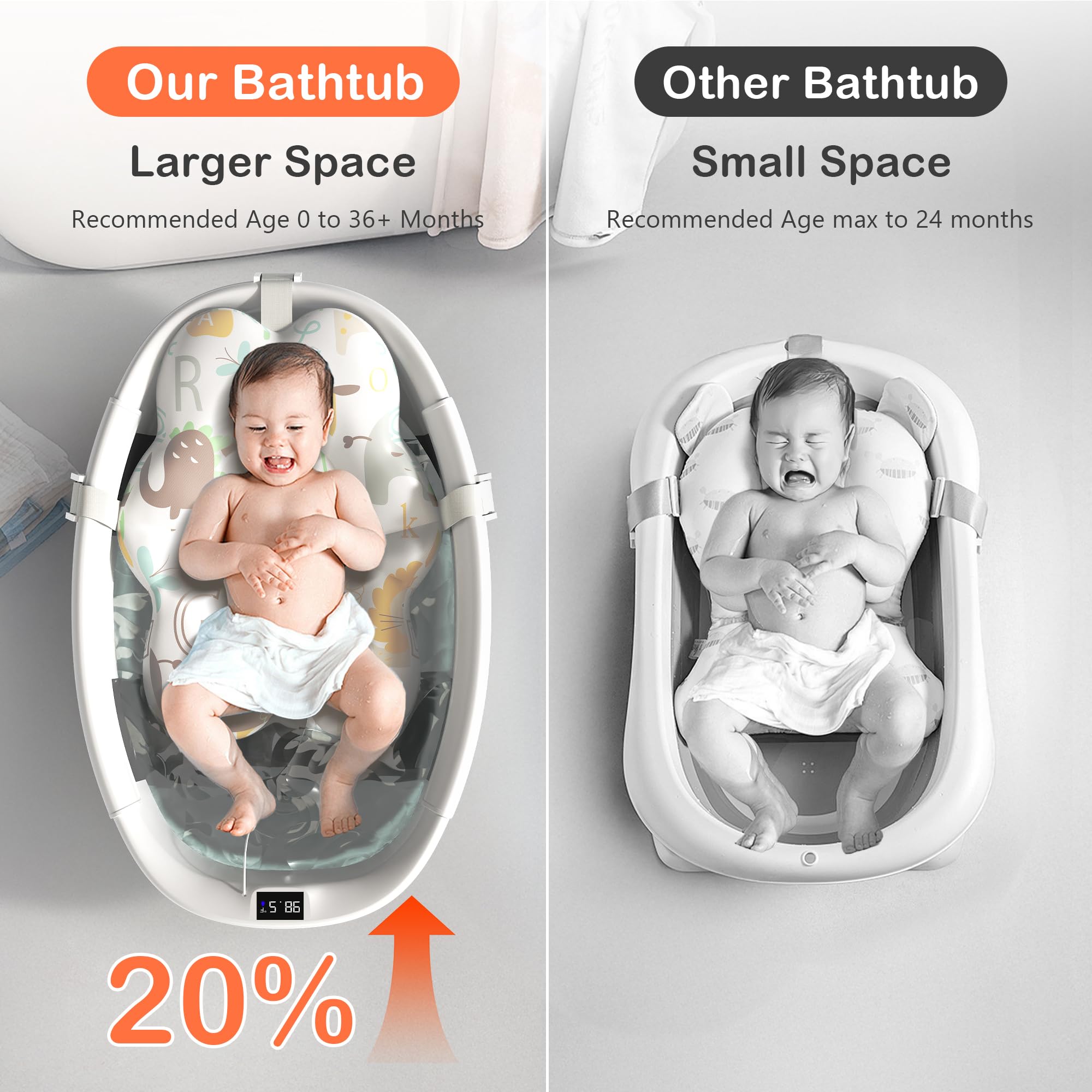 Spluvvly collapsible baby bathtub unfolded in use with roomy bath space.