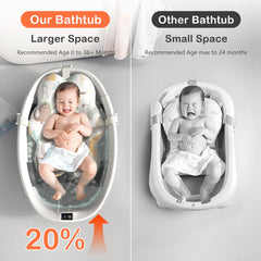 Spluvvly collapsible baby bathtub unfolded in use with roomy bath space.