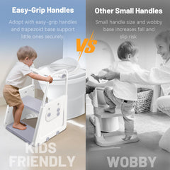 Spluvvly potty seat with large handles provides secure climbing and independent seating.