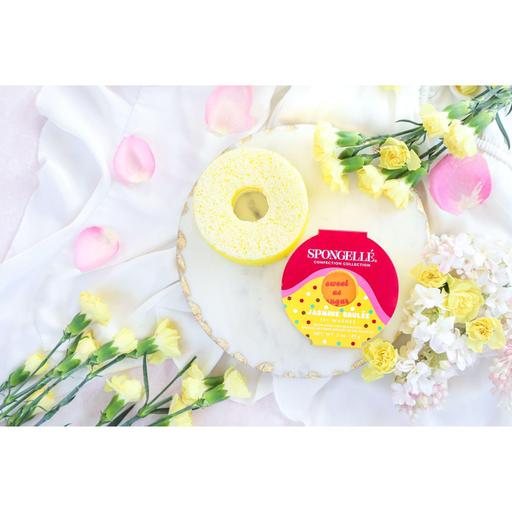 SPONGELLÉ Jasmine Brûlée buffer foamy lather illustrates a luxury fragrance experience.