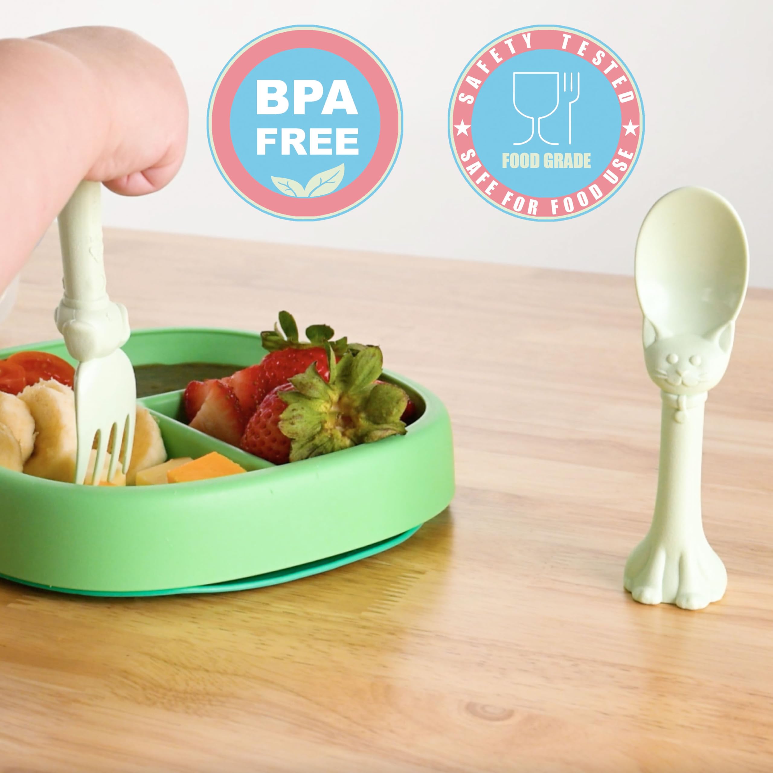 Spoon la la dishwasher-safe kid silverware simplifies cleanup after meals.
