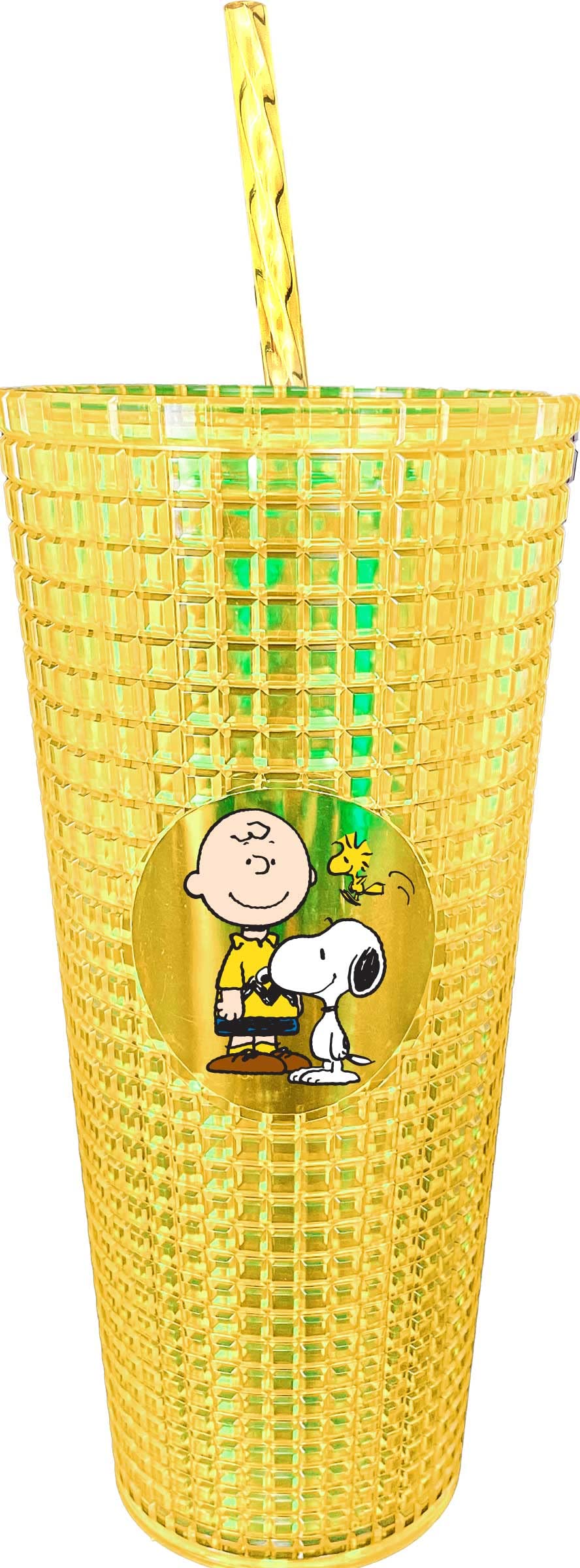 Spoontiques Diamond Tumbler with straw featuring Charlie Brown and Snoopy; great for on-the-go beverages.