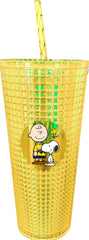 Spoontiques Diamond Tumbler with straw featuring Charlie Brown and Snoopy; great for on-the-go beverages.