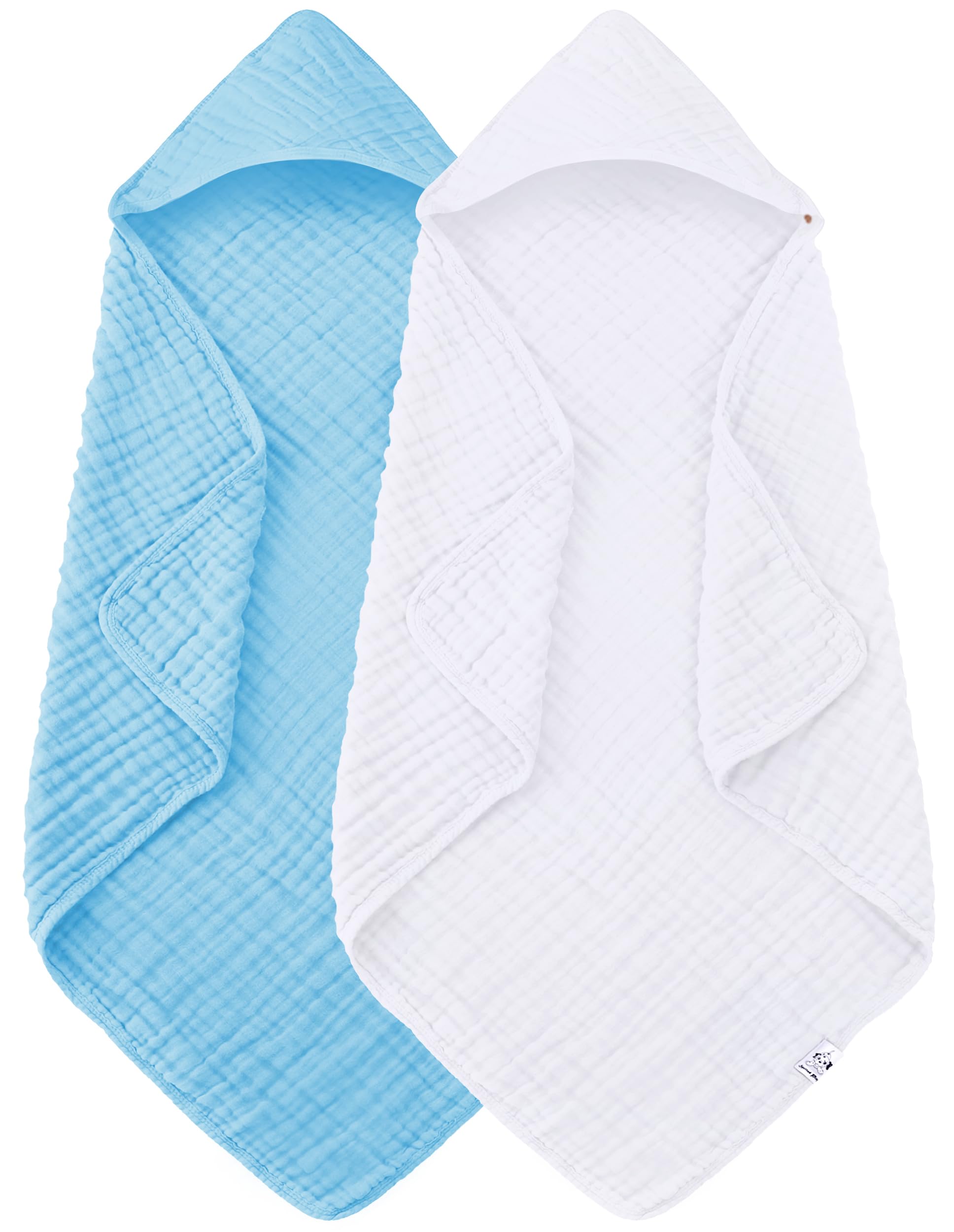 Spotted Play hooded towel in white, 32x32 inches, ultra-soft muslin cotton for newborns.