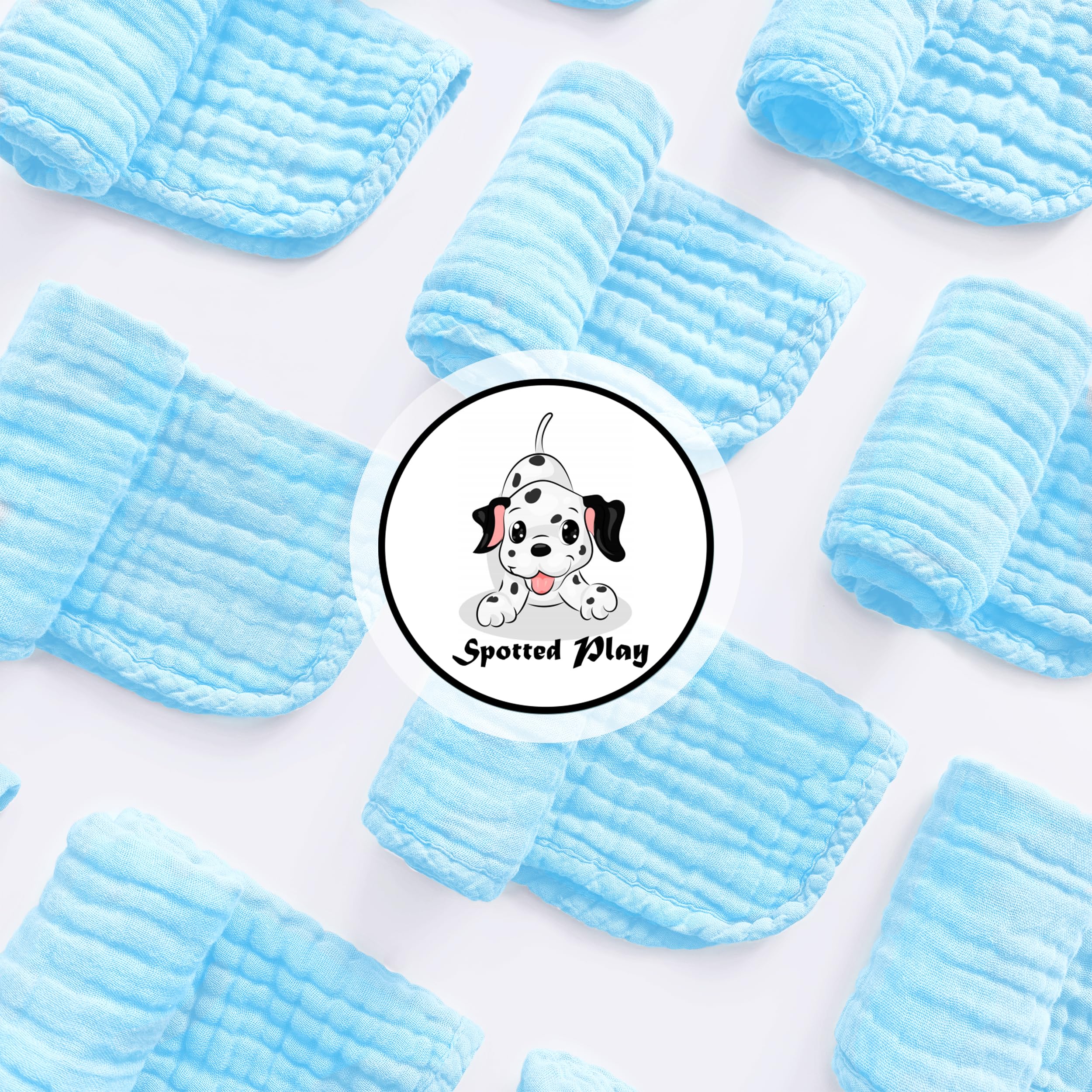 Spotted Play burp cloths 20x10 aquamarine, rapid-drying fabric keeps baby skin dry.