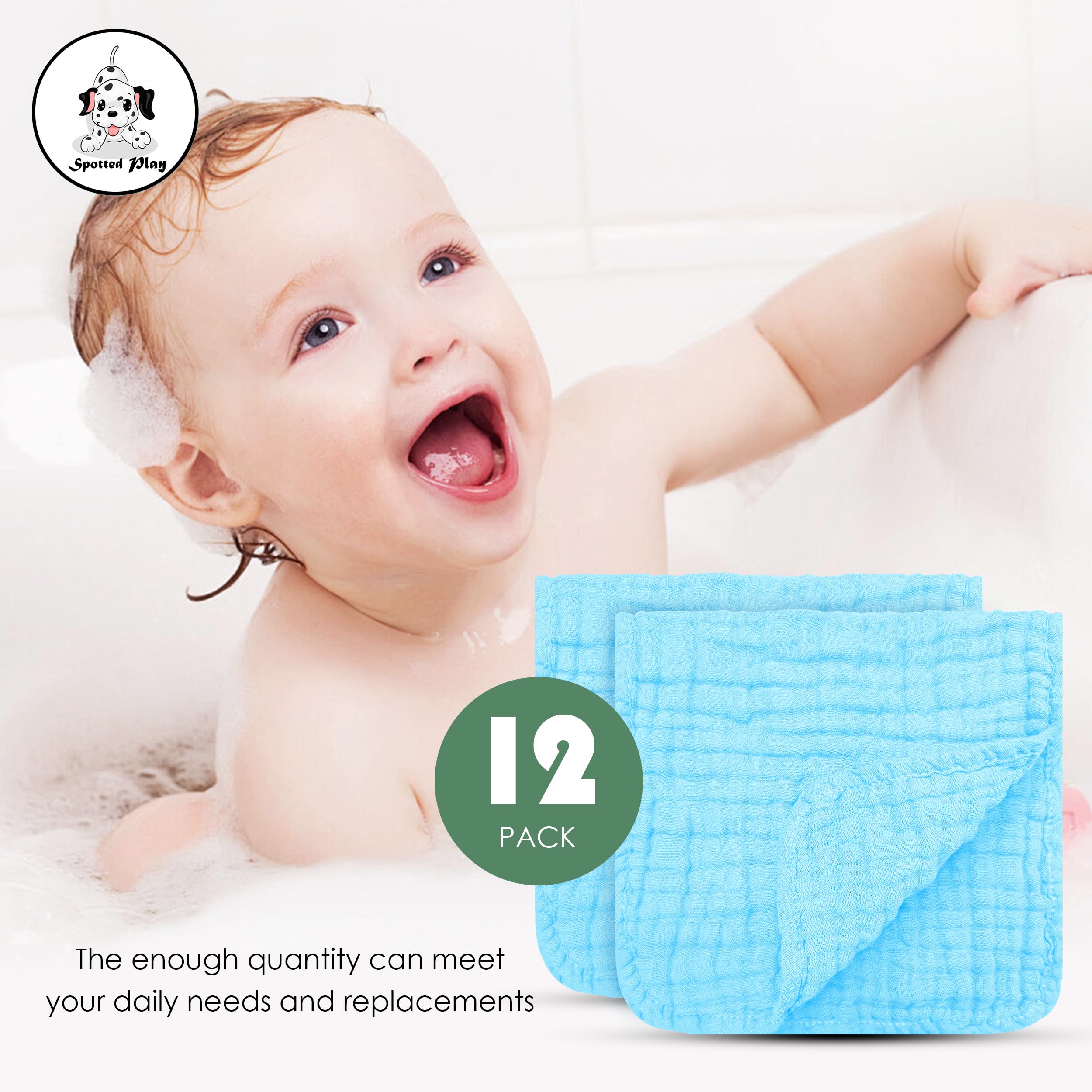Spotted Play aquamarine burp cloths, versatile as wipes, face towels, or travel essentials.