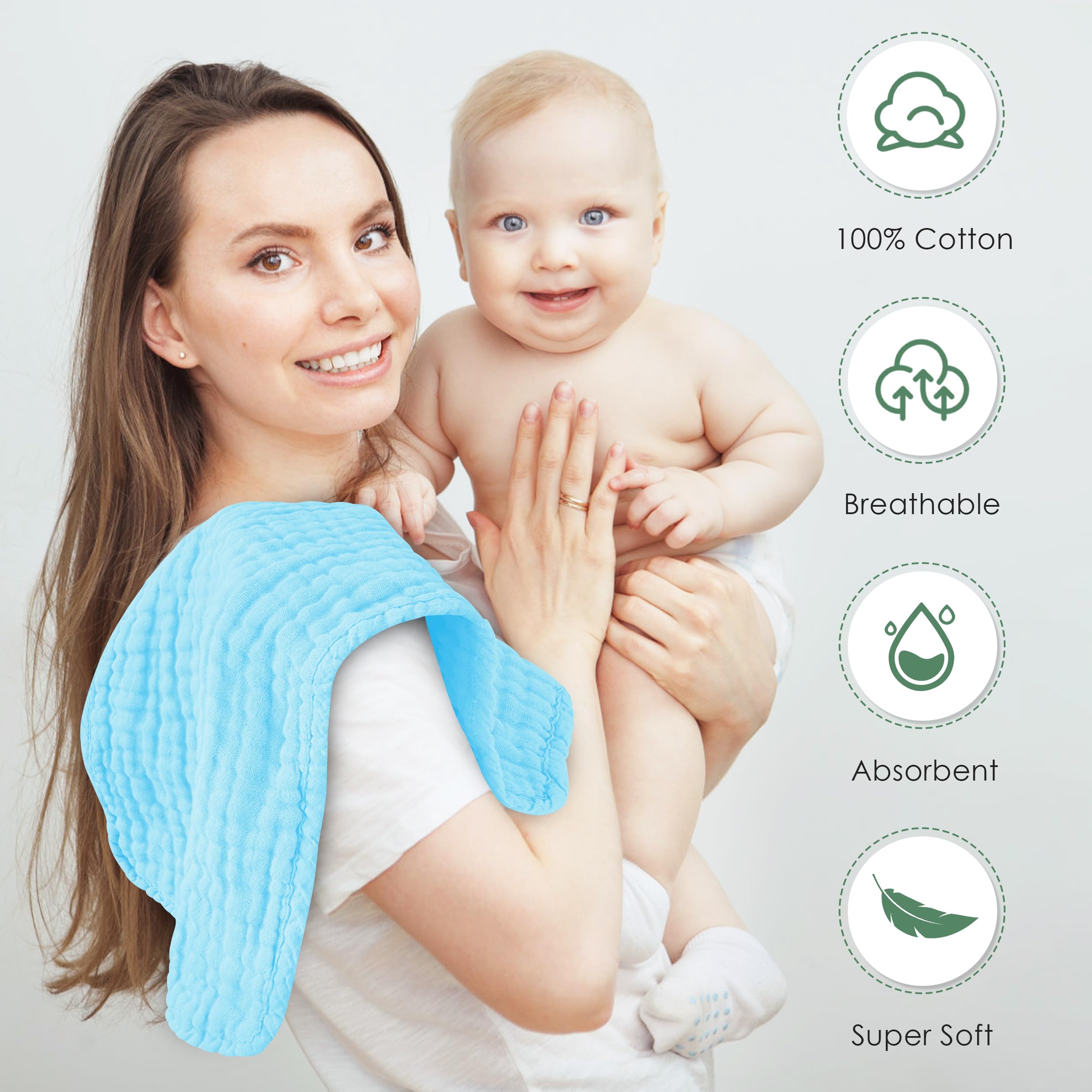 Spotted Play muslin cloths, generous 20x10 inches for quicker cleanup.