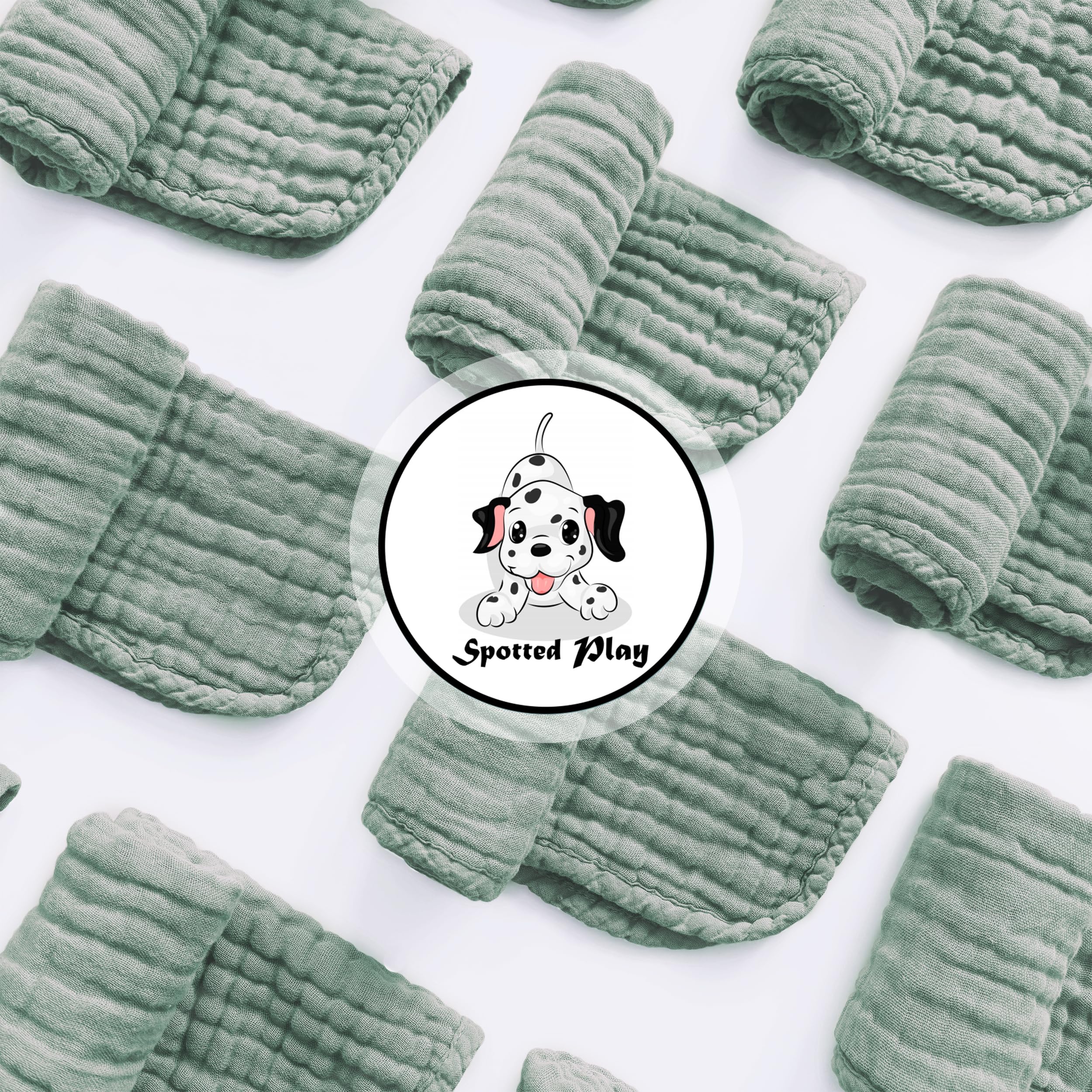 Spotted Play muslin cotton burp cloths pack of 12 laid flat for versatility.