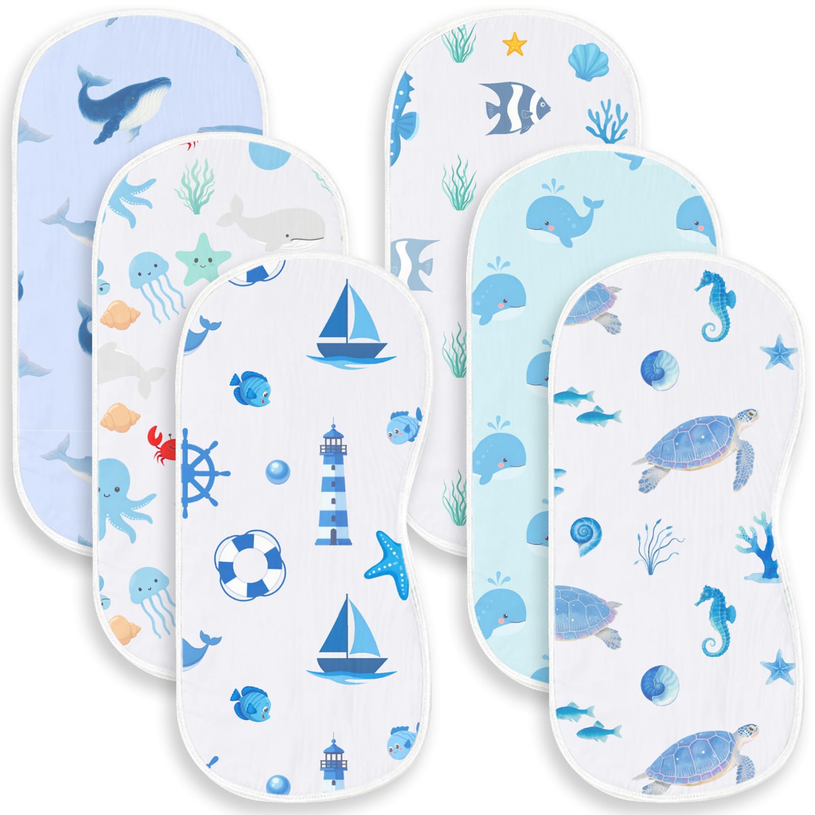Spriggenix blue ocean burp cloths image showing soft cotton and shoulder coverage for messes