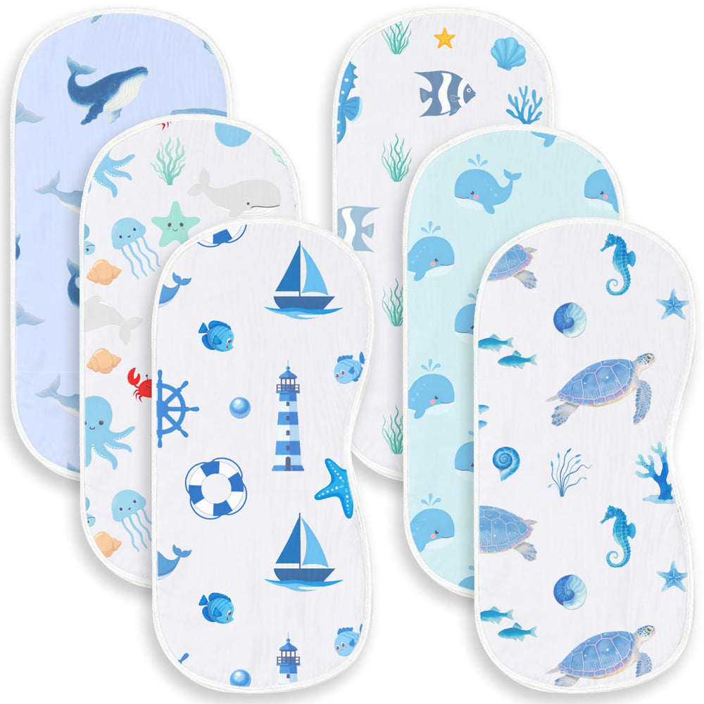 Spriggenix blue ocean burp cloths image showing soft cotton and shoulder coverage for messes
