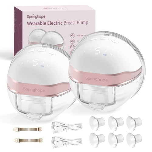 Springhope No.586 wearable breast pump on mom enabling hands-free pumping on the go.