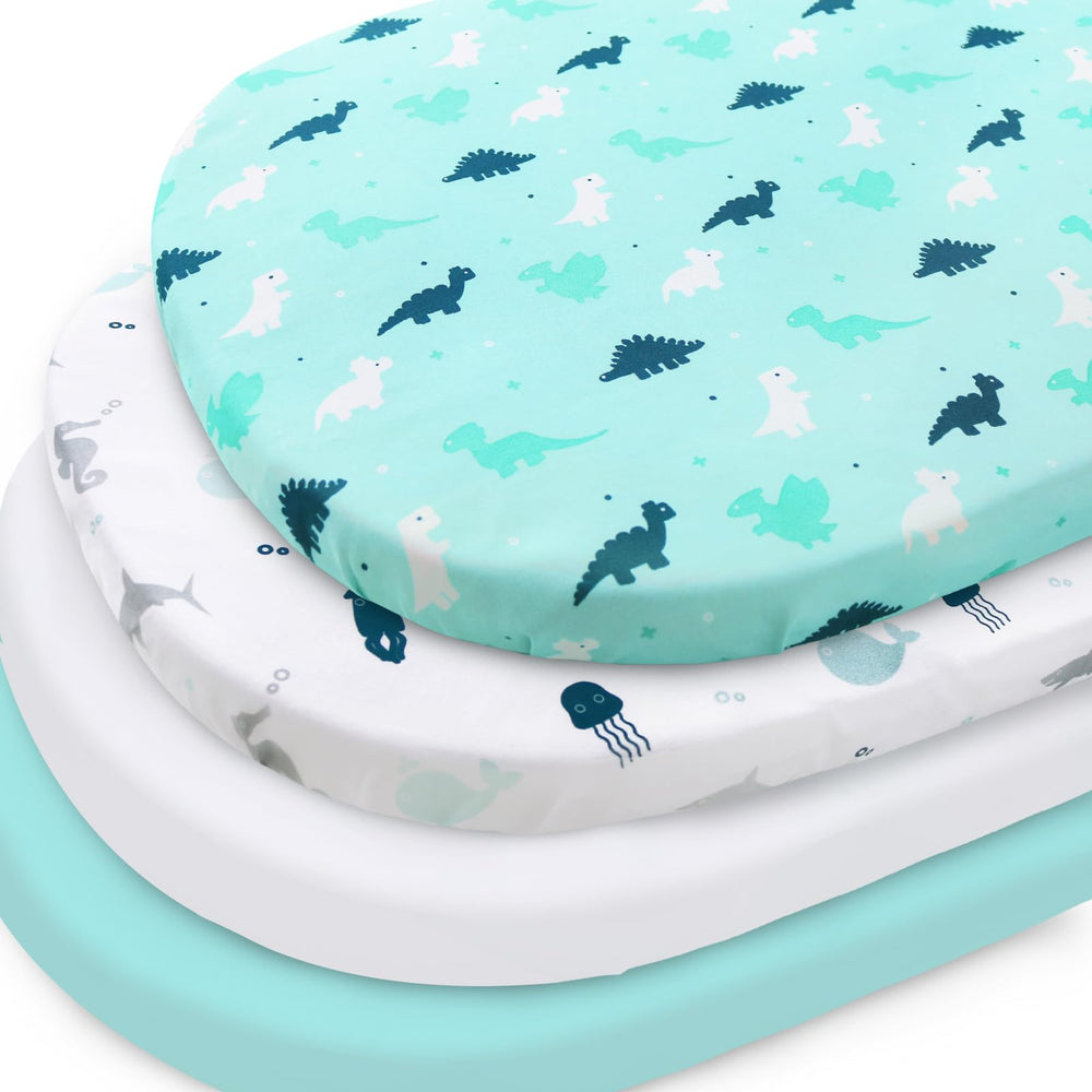 SPRINGSPIRIT baby bassinet sheets 4-pack, aqua-dinosaurs, easy-to-stock kit for quick changes
