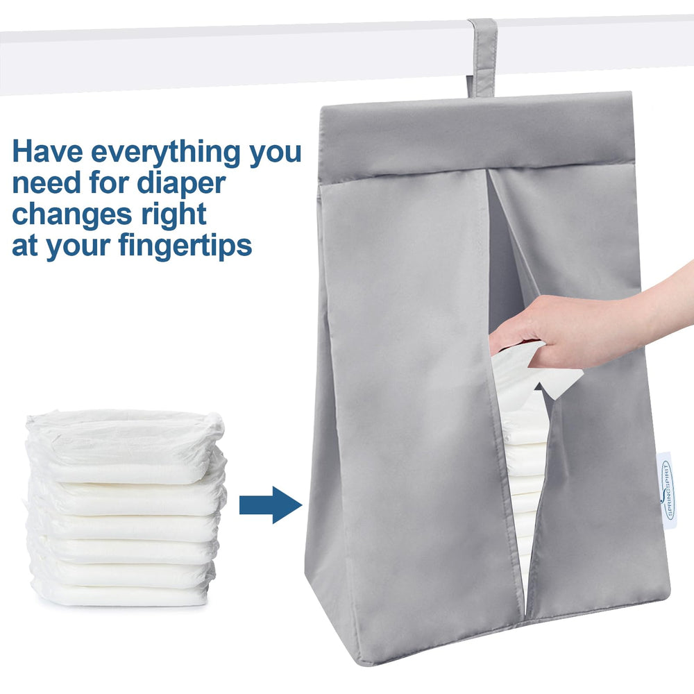 SPRINGSPIRIT diaper stacker hanging installation illustrates hands-free setup.