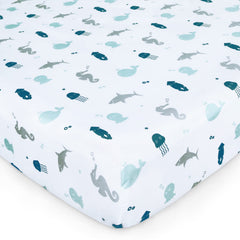 SPRINGSPIRIT ocean crib sheet draped on crib highlights breathable fabric